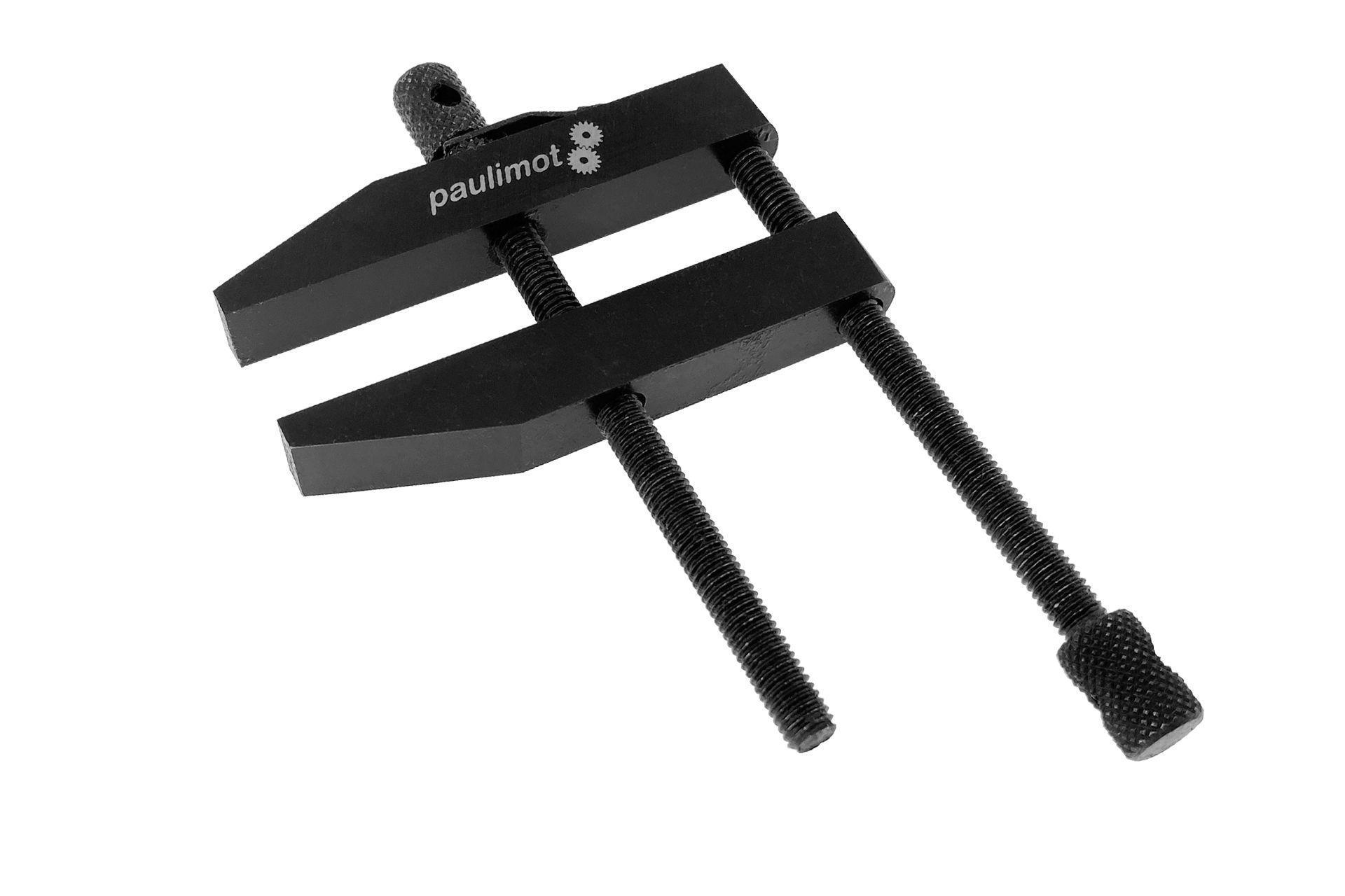 Black parallel screw clamp with two jaws, spindles and knurled knobs. The clamping device can be seen on a white background.