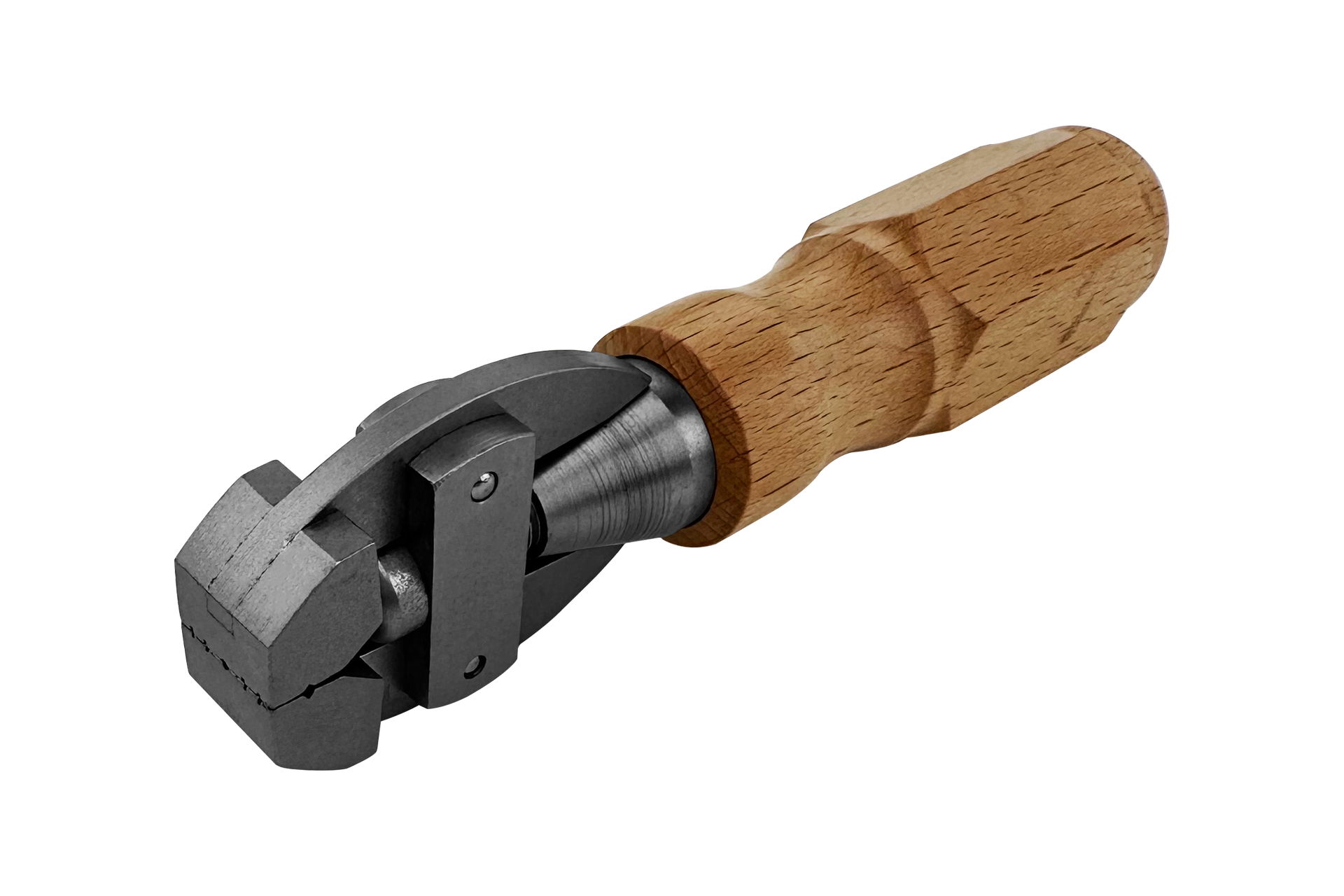 Morsa a mano con manico in legno e ganasce in acciaio. L'utensile di presa si trova in diagonale su uno sfondo bianco.