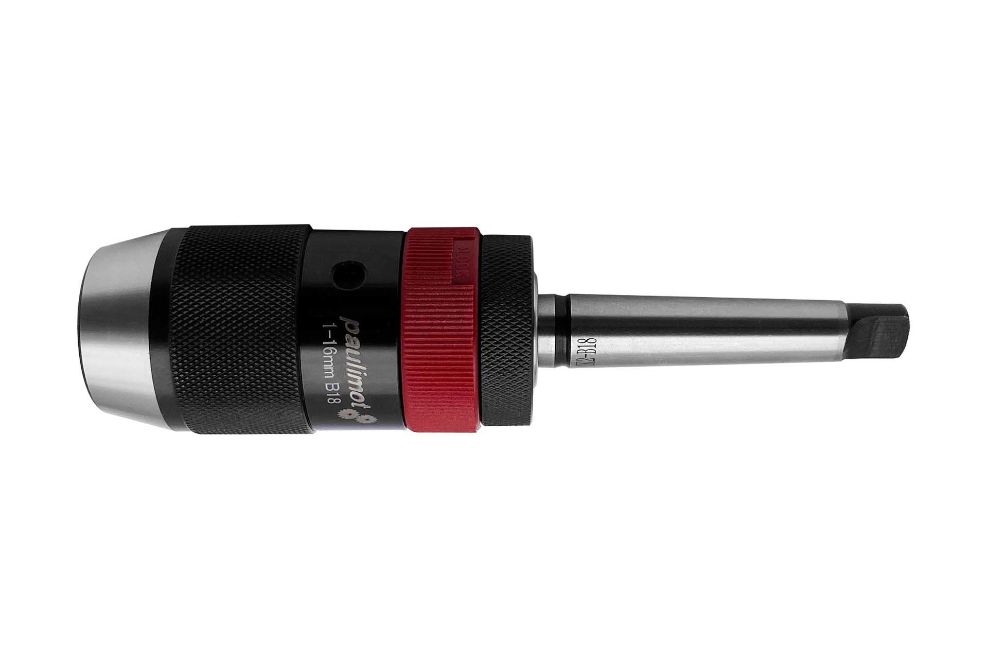 Quick-action drill chuck with tapered arbour. The drill chuck is black and silver, with a red ring and a clamping range of 1-16mm. The tapered mandrel is silver-coloured.
