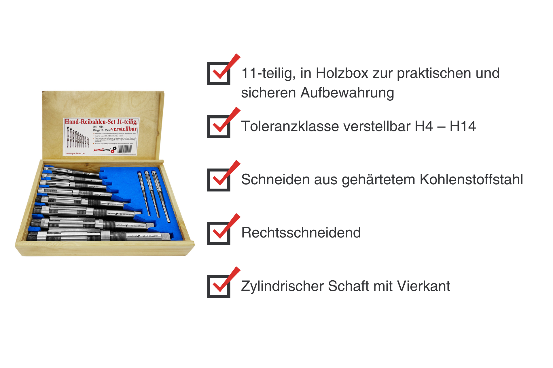 Ein Set Handreibahlen, 11-teilig, verstellbar, H4-H14, geordnet in einer Holzbox mit blauer Einlage. Die Reibahlen sind silberfarben und zylindrisch.