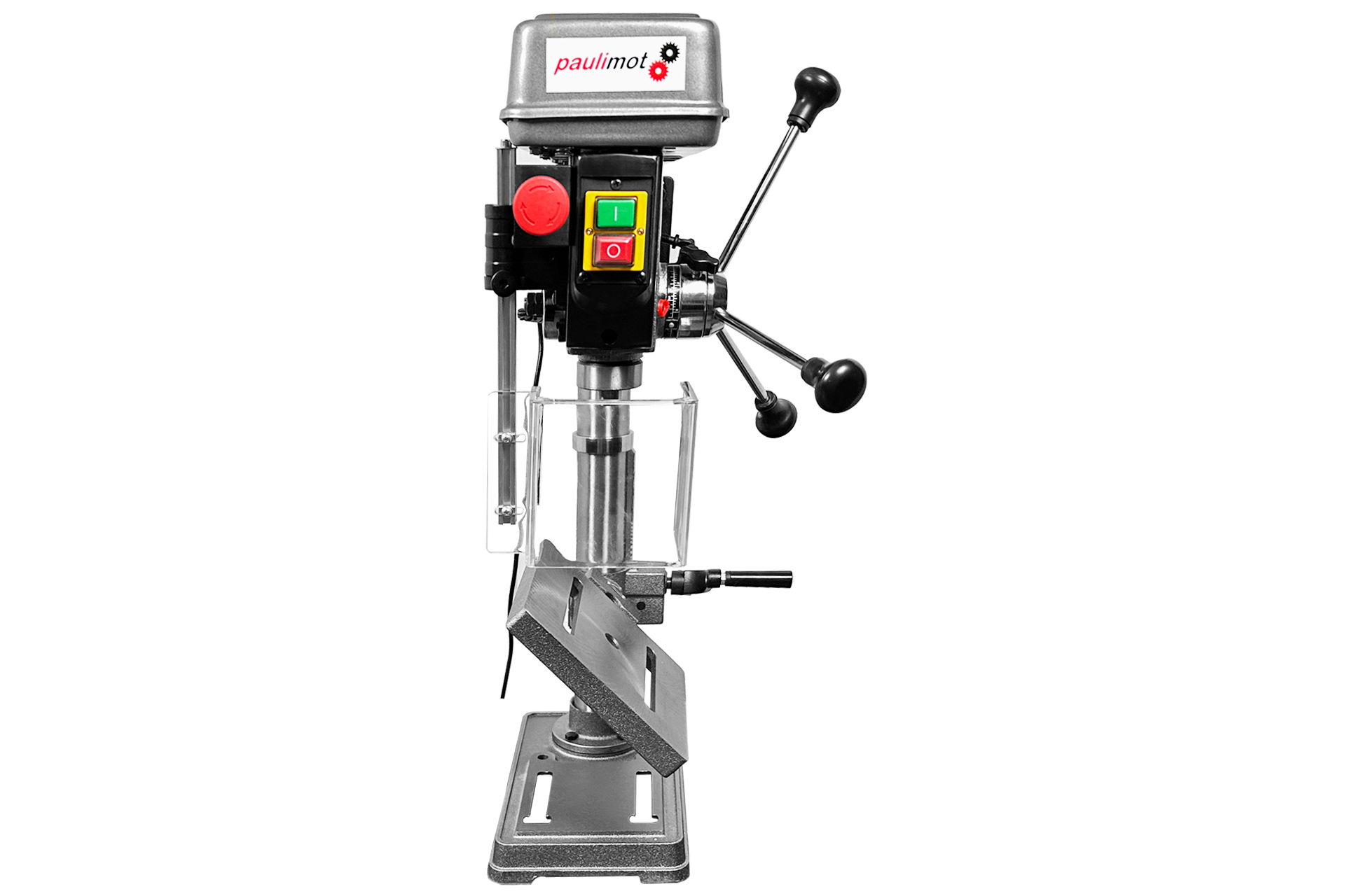 Radialbohrmaschine RBM6016 in Grau/Schwarz. Sie hat Bedienelemente, Schutzvorrichtungen und einen schwenkbaren Bohrkopf. Der Tisch ist drehbar.