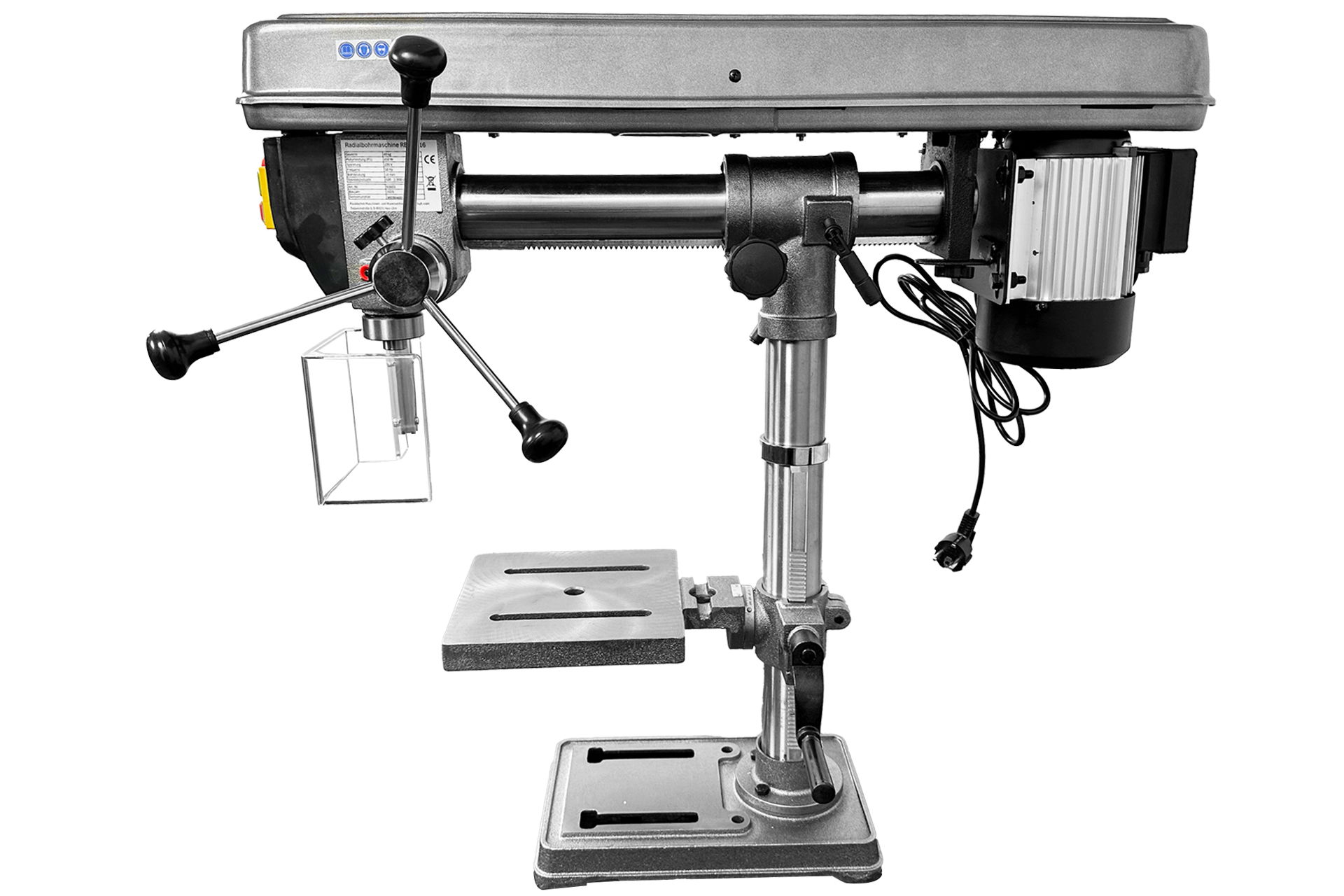 Graue Radialbohrmaschine RBM6016 mit Bohrkopf, Tisch und Fuß. Bohrkopf horizontal verstellbar. 230 Volt Motor sichtbar. Aufspannnuten auf Tisch und Fuß.