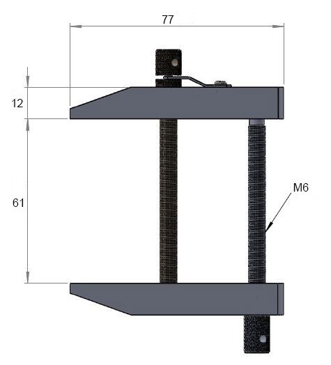 Technical drawing of parallel screw clamp with dimensions: 77, 12, 61 and M6. The clamping device for holding and fixing is shown in detail.
