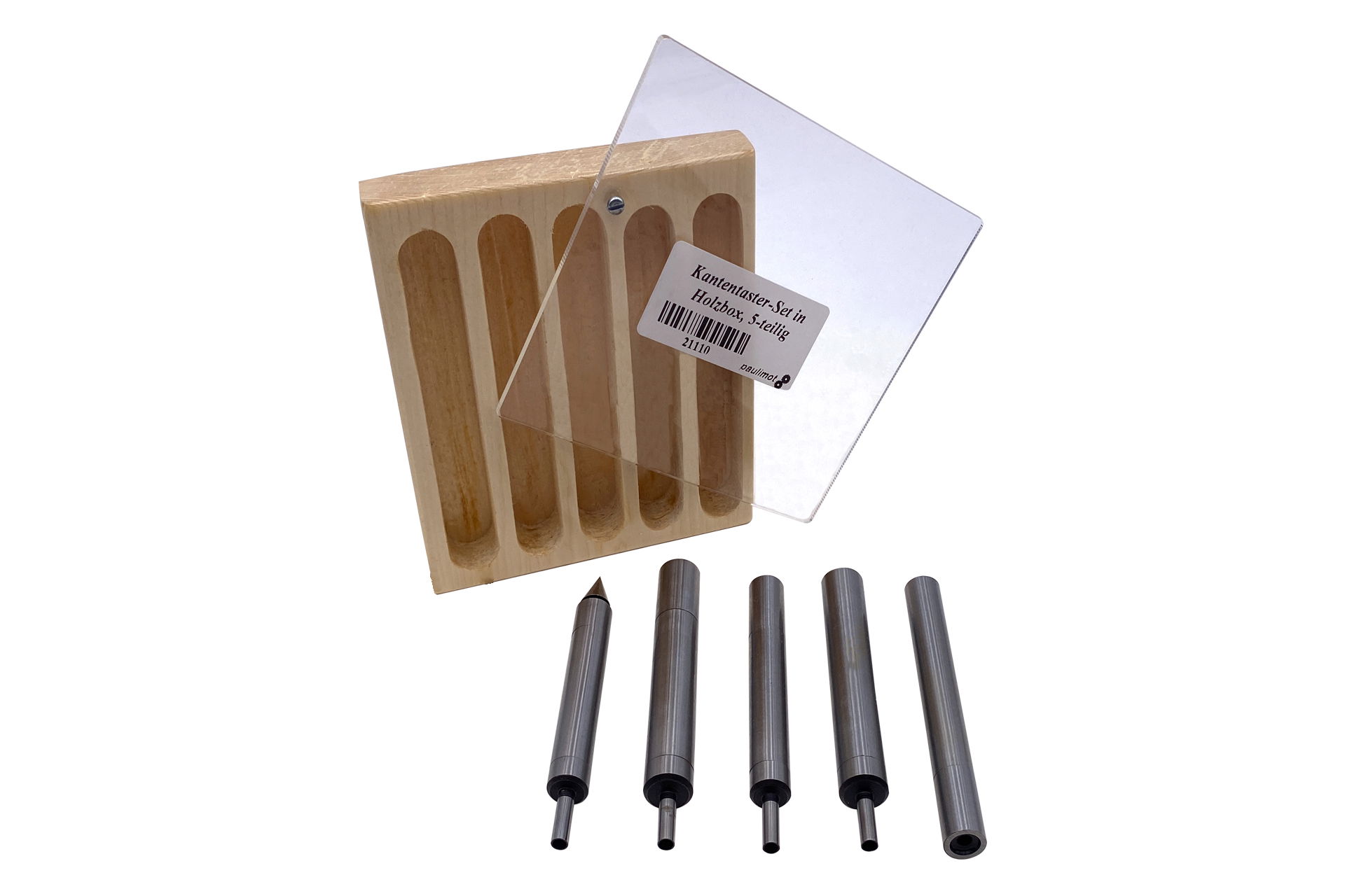 Fünf Kantentaster-Werkzeuge mit Tastkopf und eine Holzbox mit transparentem Deckel.