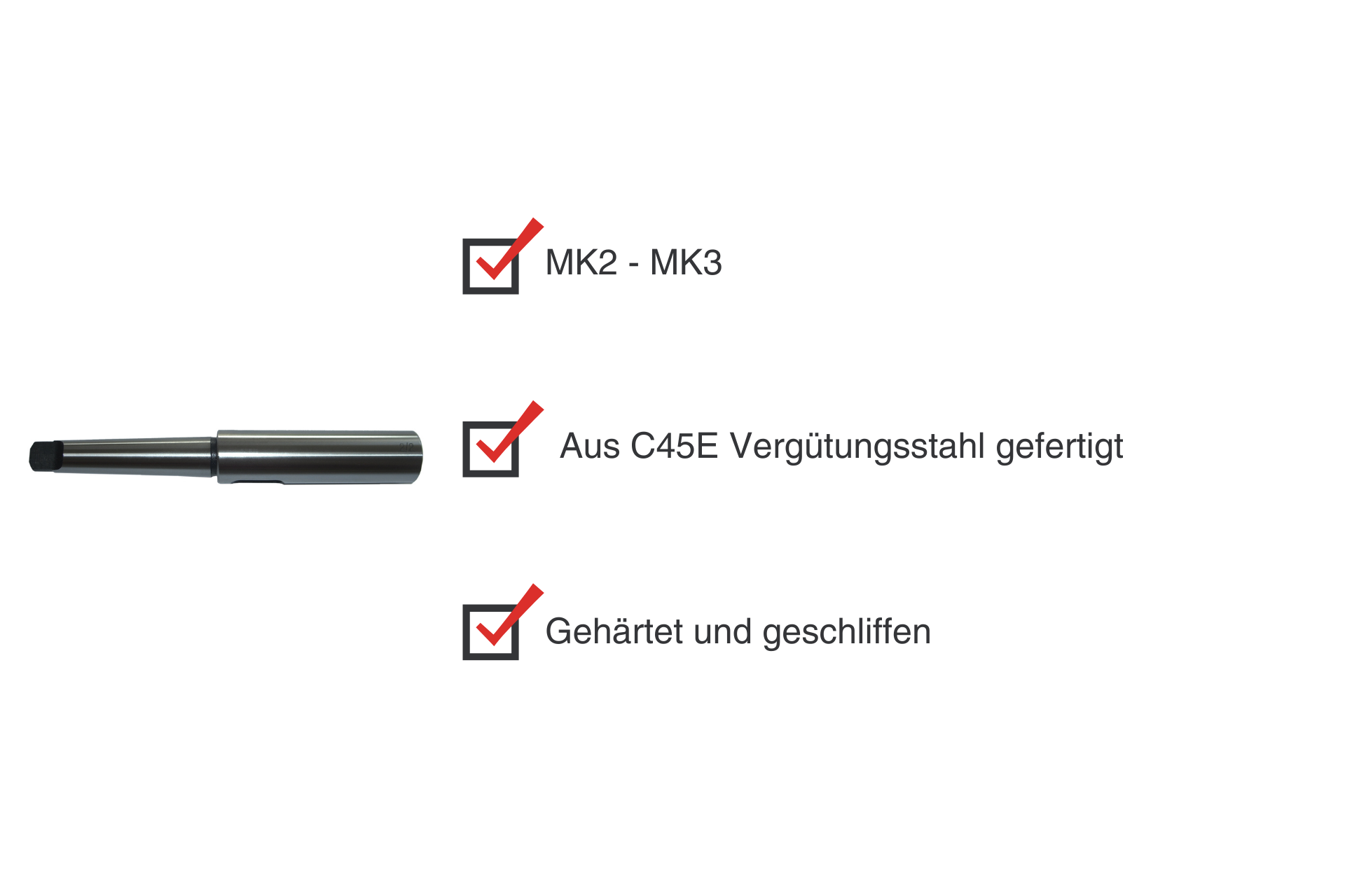 Metal adapter with technical data. MK2-MK3, made of C45E heat-treated steel, hardened and ground, marked with red tick.