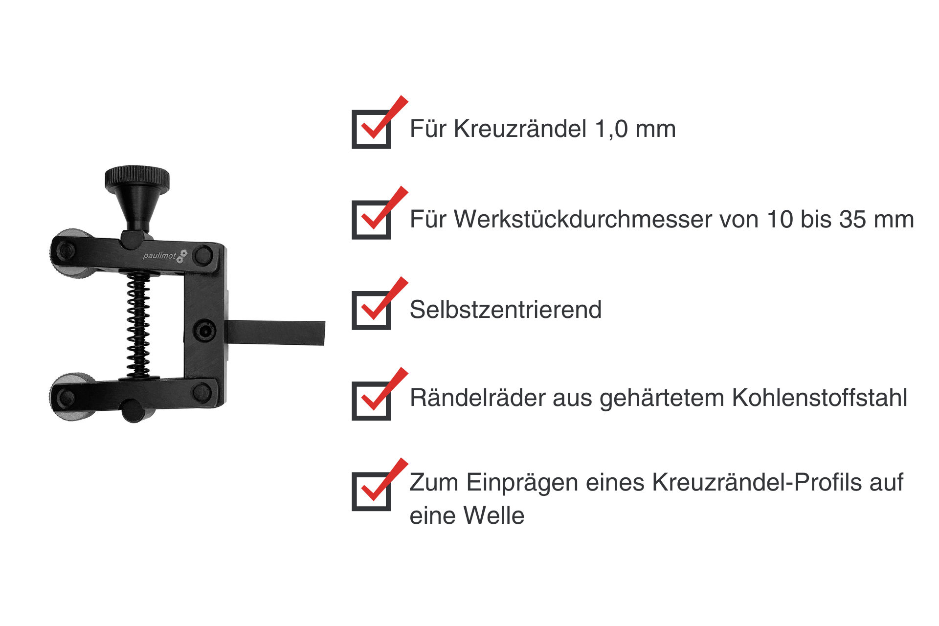 Schwarze Rändelzange mit zwei Rädern und Einstellschraube, seitlich davon Text mit Häkchen zu Anwendungsbereichen.