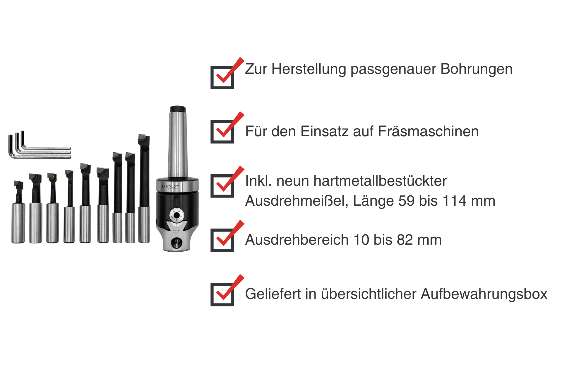 Ein Ausdrehkopf-Set, bestehend aus einem Ausdrehkopf, neun Ausdrehmeißeln und einem Inbusschlüsselset, grafisch hervorgehobene Eigenschaften.