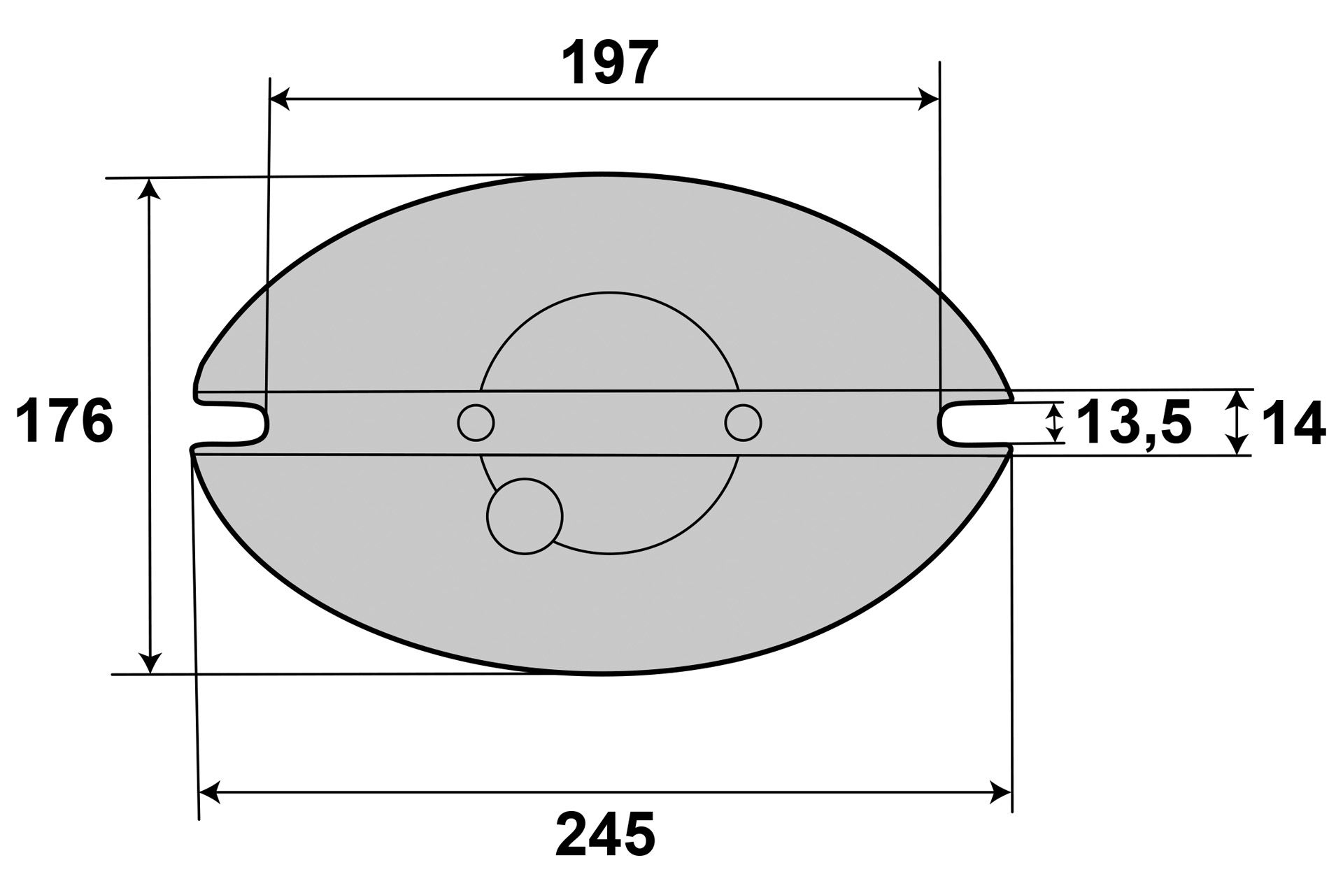 Technische Zeichnung eines Maschinenschraubstocks. Die Zeichnung zeigt Maße wie 176, 197, 245, 13.5 und 14. Eine Draufsicht des Schraubstocks ist mittig abgebildet.
