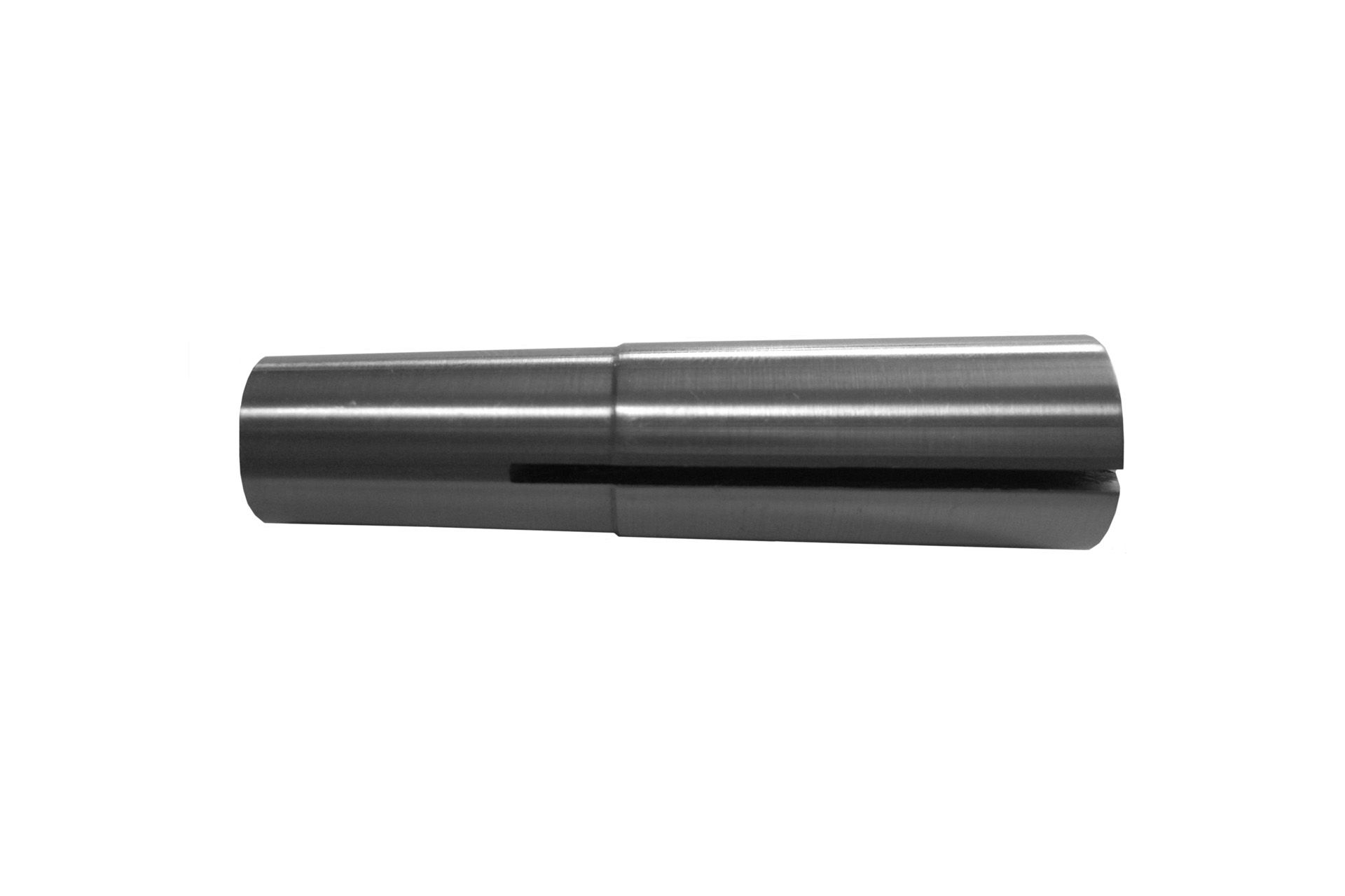Metallische Direktspannzange, horizontal ausgerichtet. Sie ist zylindrisch und hat eine dunkle, glänzende Oberfläche mit einem Schlitz.