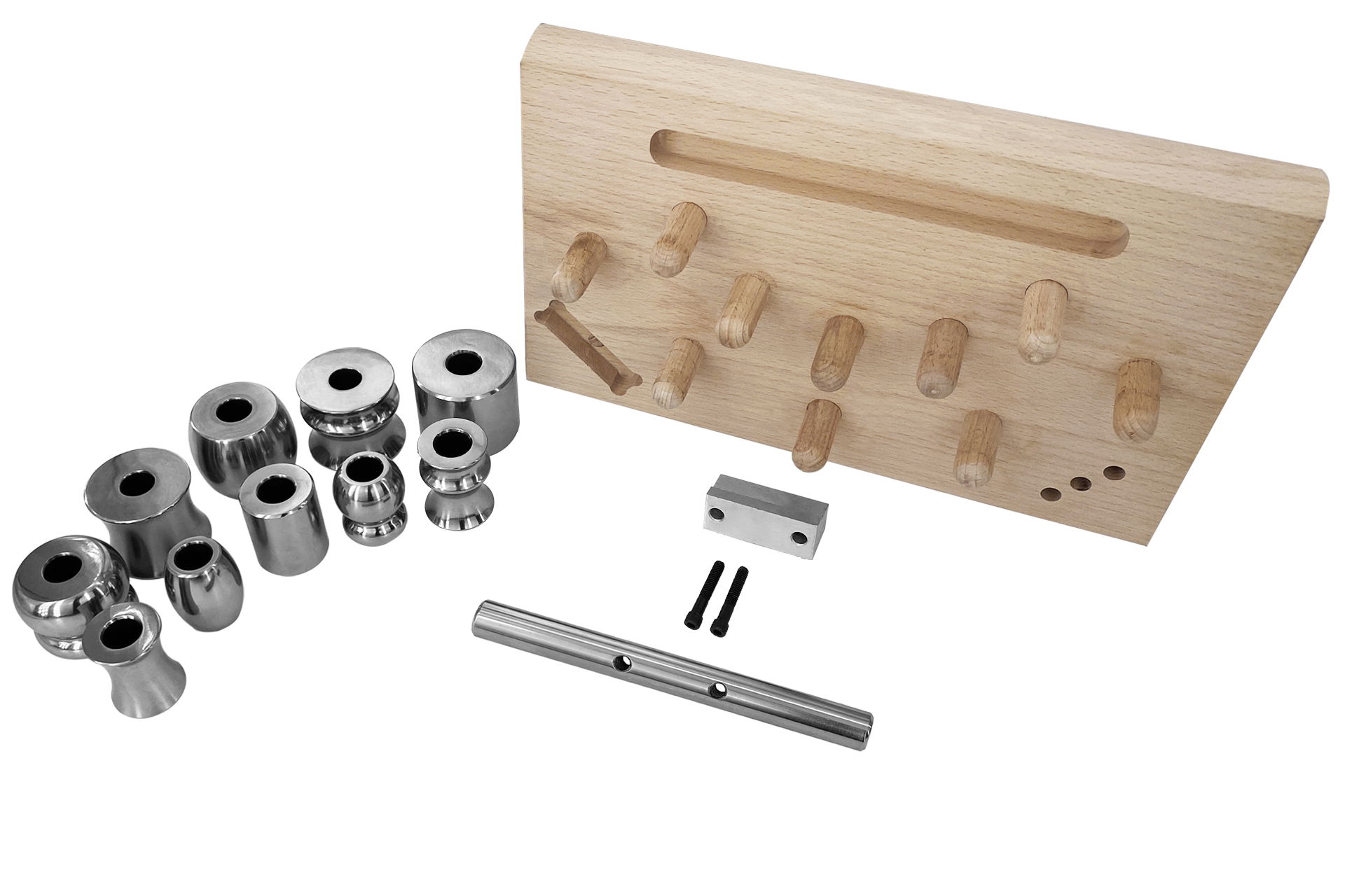 Set di matrici: matrici in acciaio, supporto, viti, supporto in legno con tasselli per la conservazione. Strumenti per la creazione di gioielli.