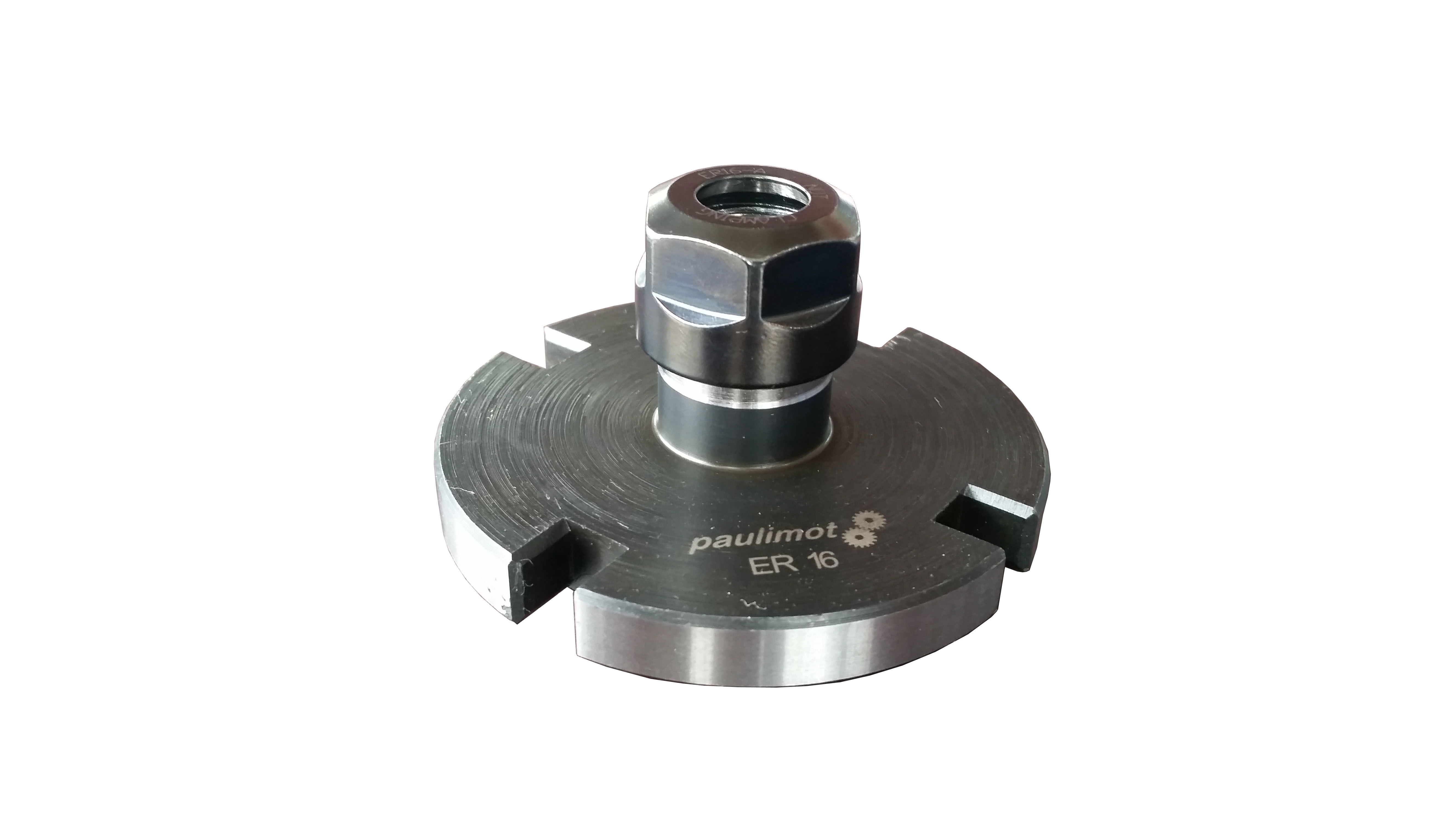 Metallener ER16 Spannzangenflansch für Teilapparat, mit zentraler Aufnahme und drei Aussparungen. "paulimot ER 16" ist aufgedruckt.
