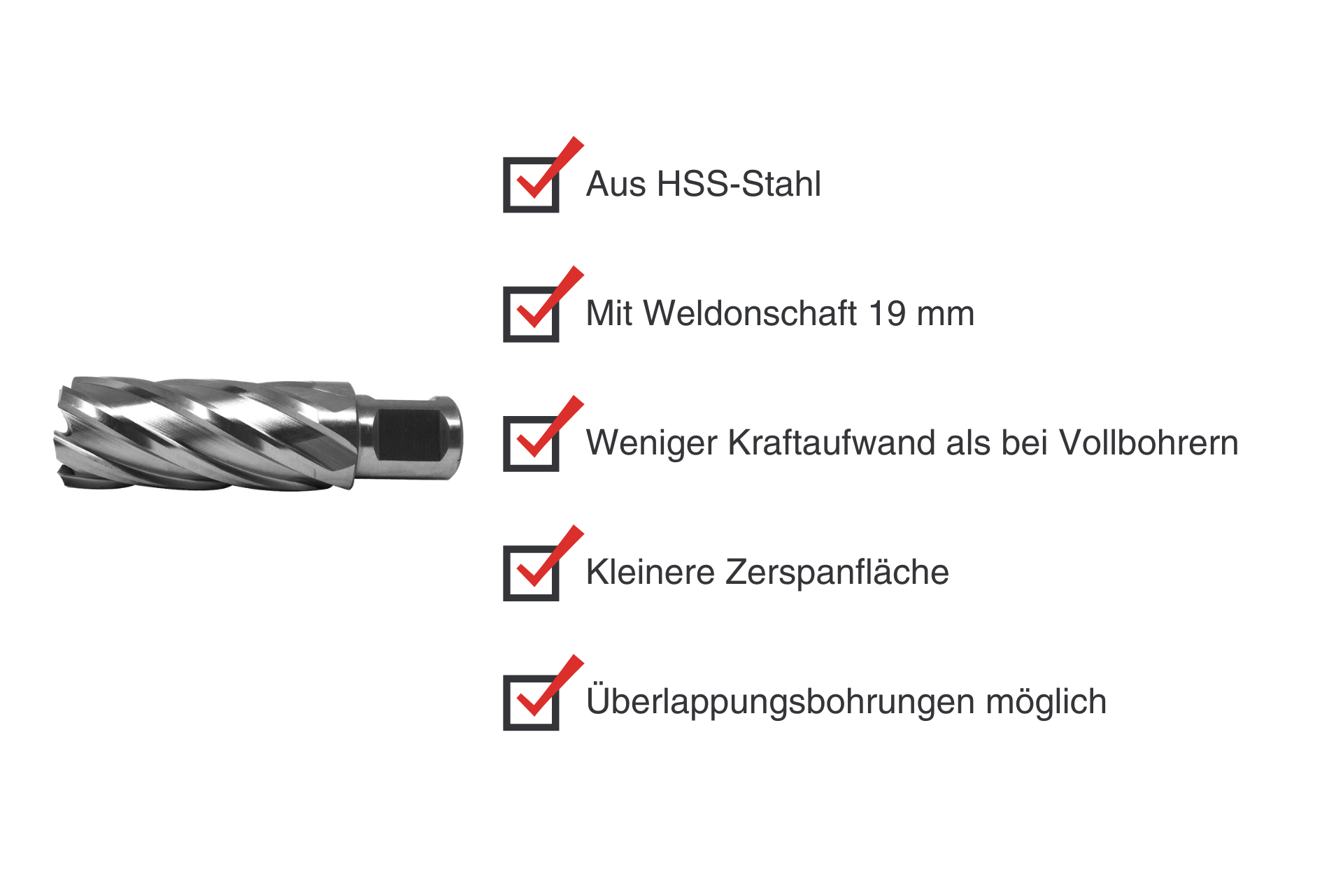 HSS-Kernbohrer mit Weldonschaft. Vorteile: HSS-Stahl, weniger Kraftaufwand, kleinere Zerspanfläche, Überlappungsbohrungen.