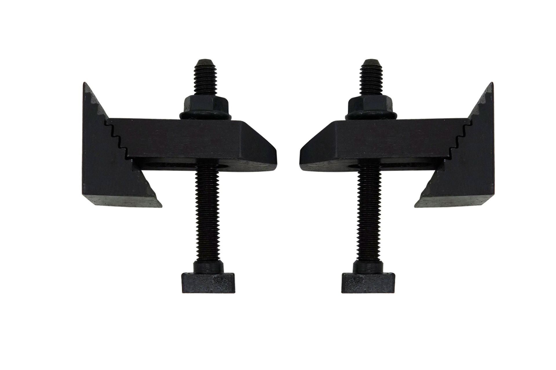 Two black clamping claws, each with threaded rod and nut, for dividing heads.