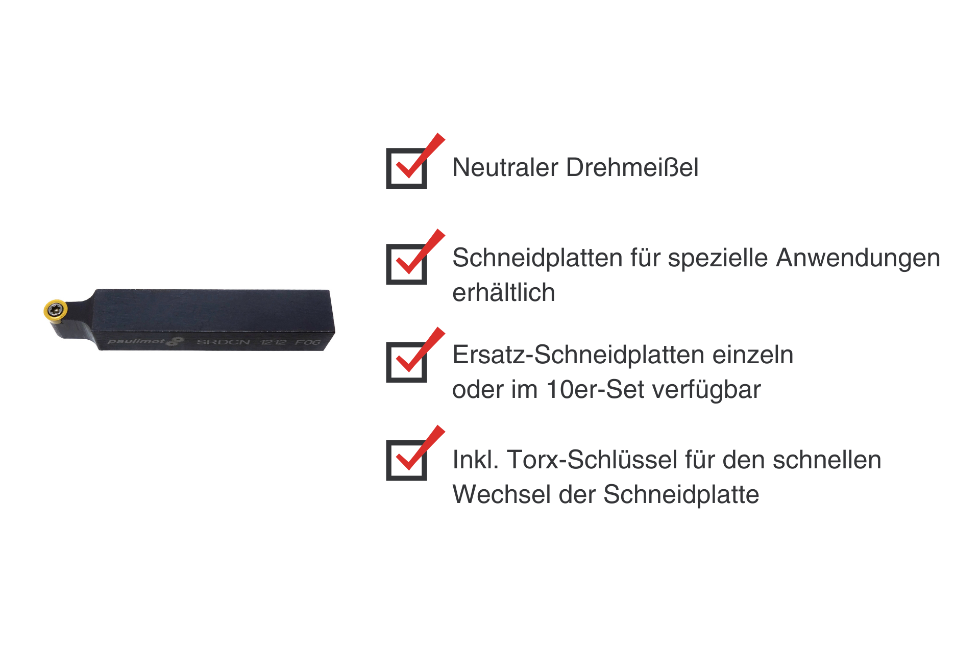 Drehmeißel SRDCN1212F06 mit Schneidplatte im Detail. Daneben Stichpunkte zu Produkteigenschaften.