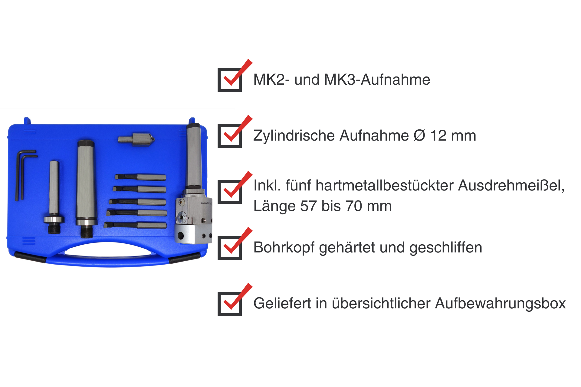 A 38 mm boring head set in a blue storage case, including shanks, boring tools and angle adapter.