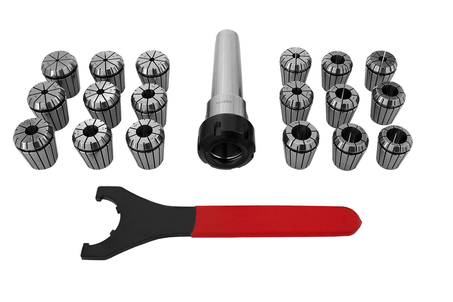 Silberne ER32-Spannzangen, ein MK4-Spannzangenfutter und ein Hakenschlüssel sind auf weißem Grund angeordnet. Das Set ist für den Einsatz in Fräsmaschinen geeignet.