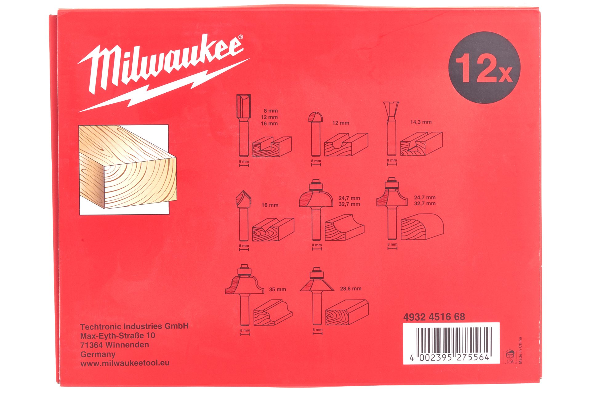 Milwaukee Fräsersatz für Oberfräse, 12-teilig, Schaft 8 mm