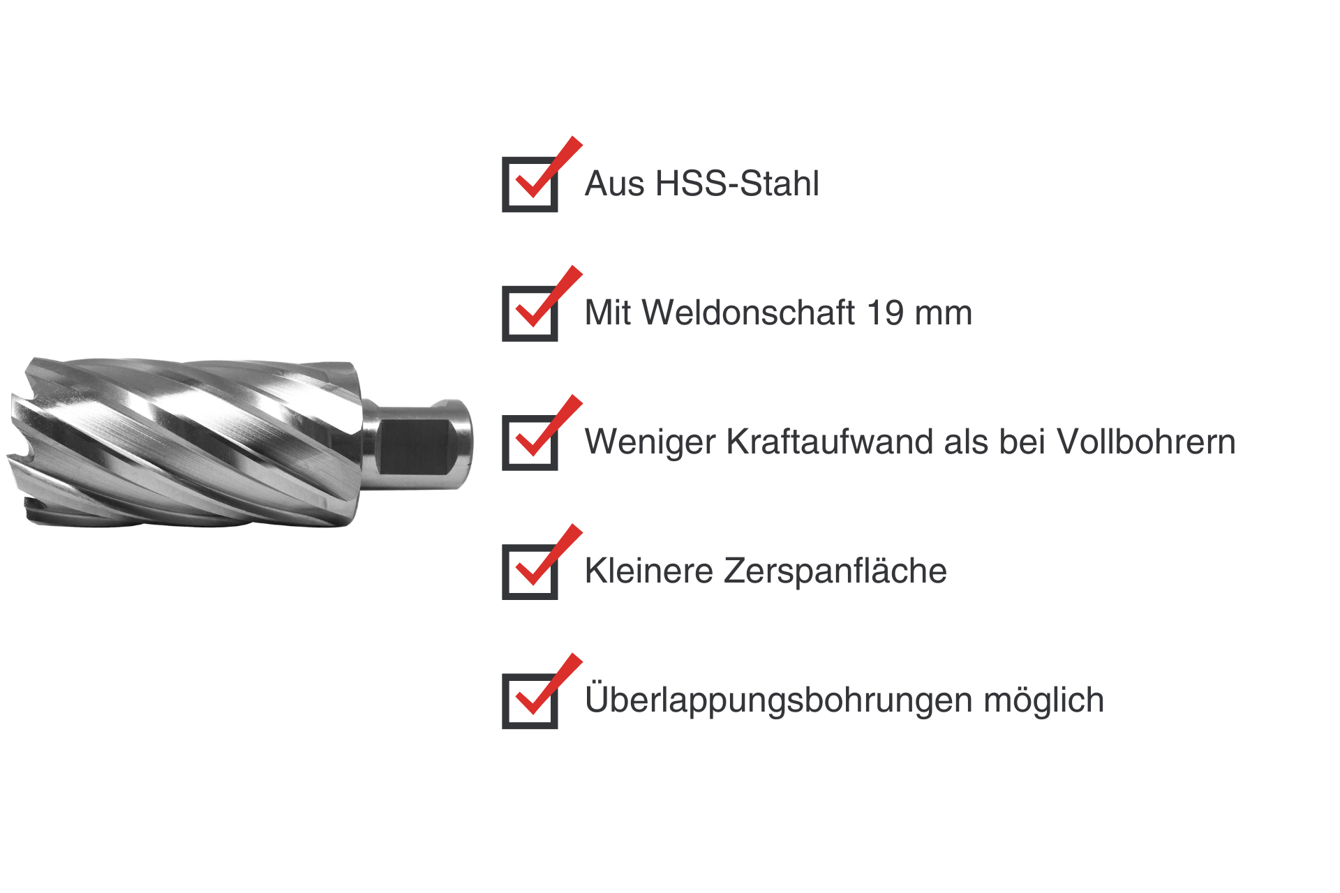 HSS-Kernbohrer Detailansicht mit Weldonschaft. Stichpunkte zu Material, Kraftaufwand und Anwendungsbereiche.