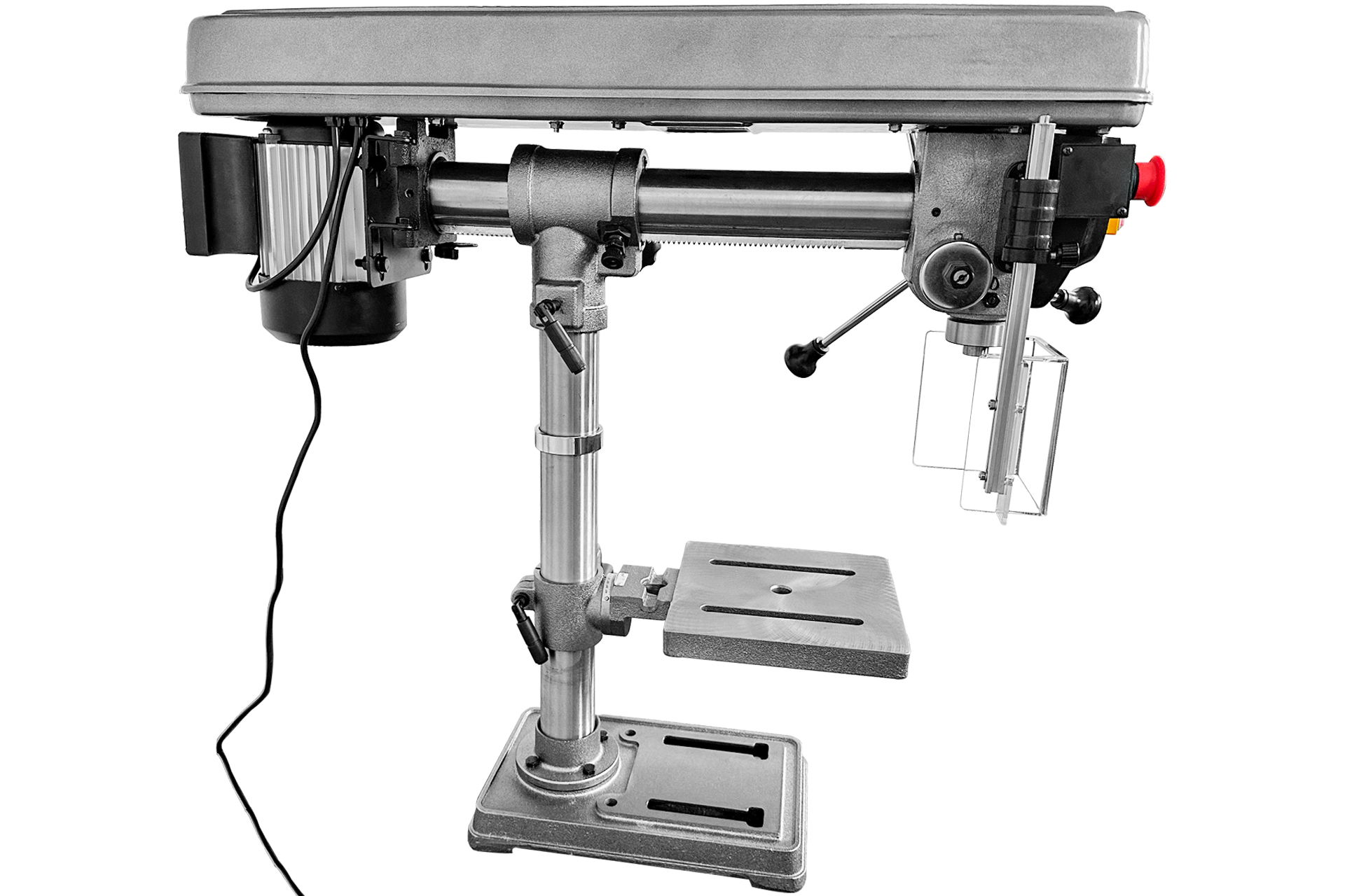 Graue Radialbohrmaschine RBM6016 mit Tisch, Bohrkopf, Motor und Stromkabel. Vertikal verstellbar über Handkurbel.