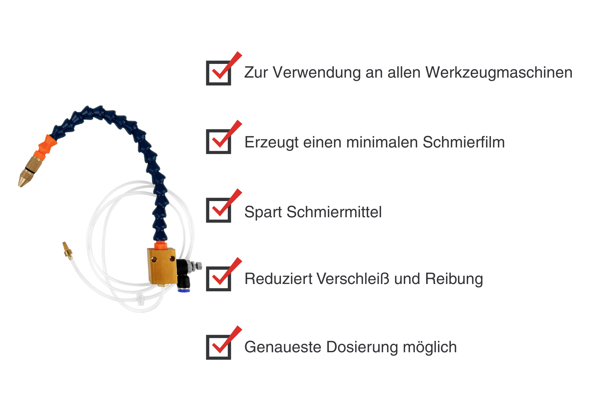 Schmiergerät mit flexiblem Hals und Düse. Es gibt eine Liste mit Eigenschaften, die mit Häkchen markiert sind: vielseitig, sparsam und präzise.