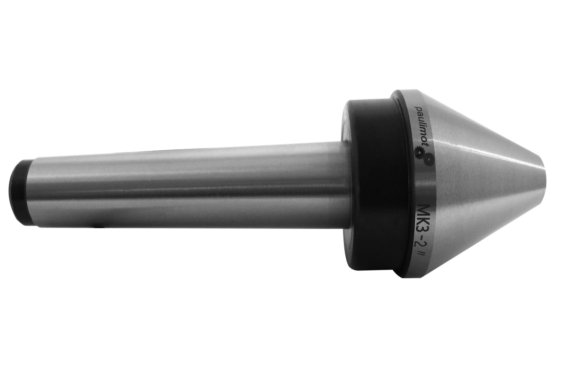 Metal centring cone MK3, horizontally aligned. Cone shape at both ends, separated by a black ring. Imprinted "paulimot" and "MK3-2".