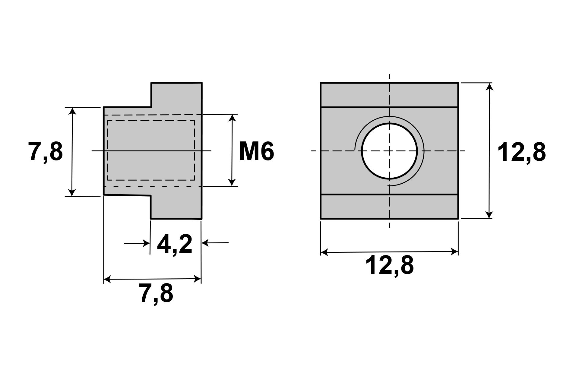 Technical drawing of a clamping claw with M6 thread and dimensions in mm. Side and front view of the element with exact dimensions are shown.
