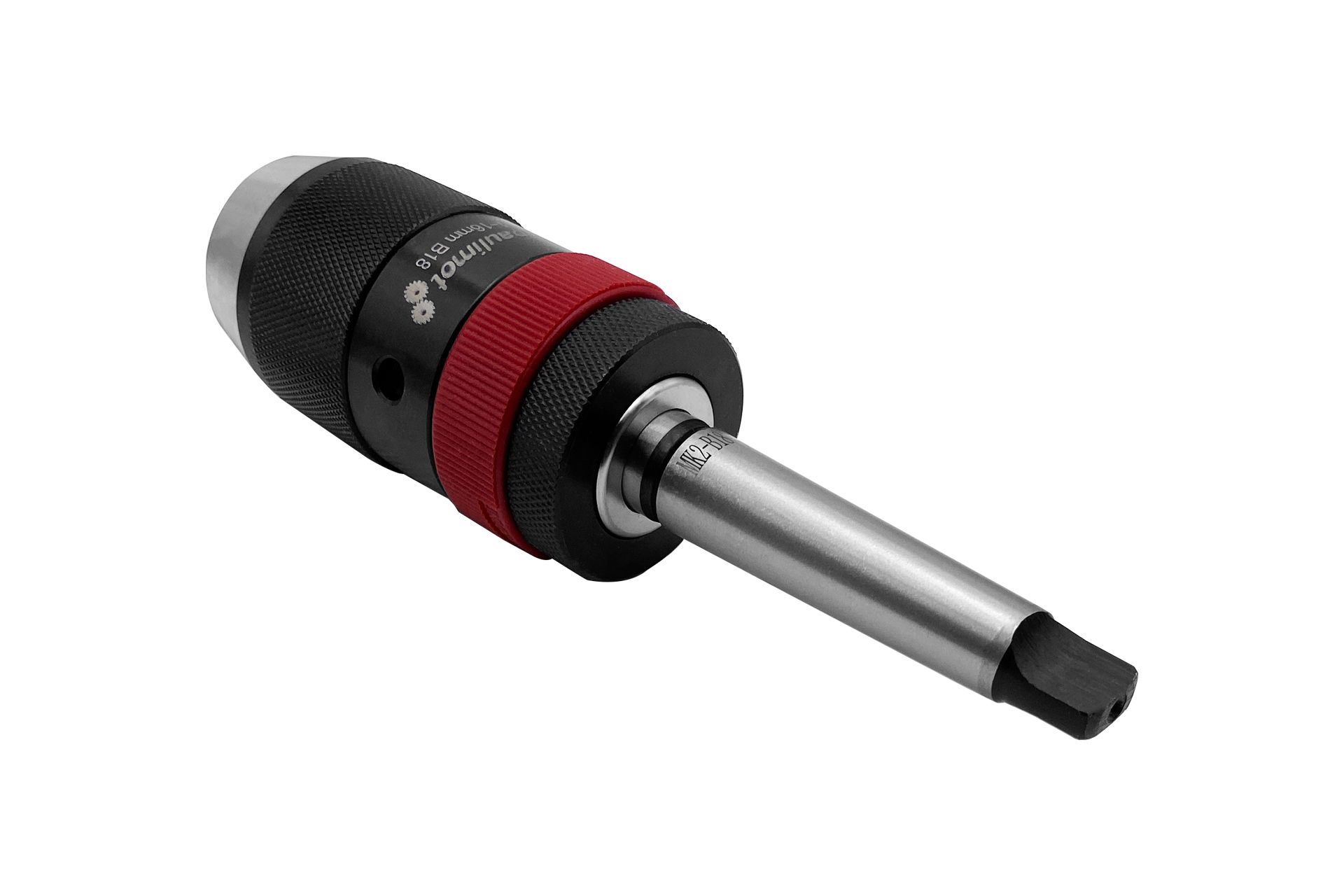 Oblique view of a quick-action drill chuck, black with red ring. The conical mandrel MK2 is silver-coloured and has a drive-out tab.