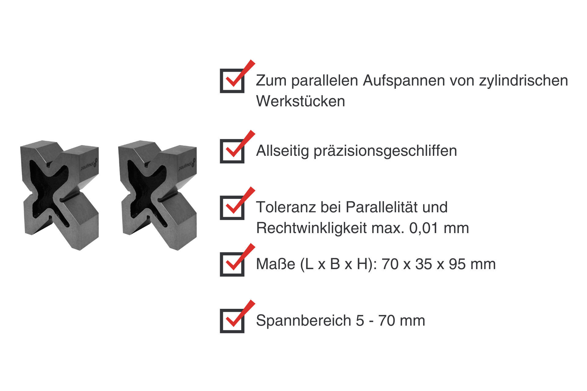 Zwei graue, quaderförmige Vierfach-Prismen mit V-Nuten nebeneinander. Text mit roten Haken zu Spannbereich, Maße, Toleranz, Schliff und Aufspannen.