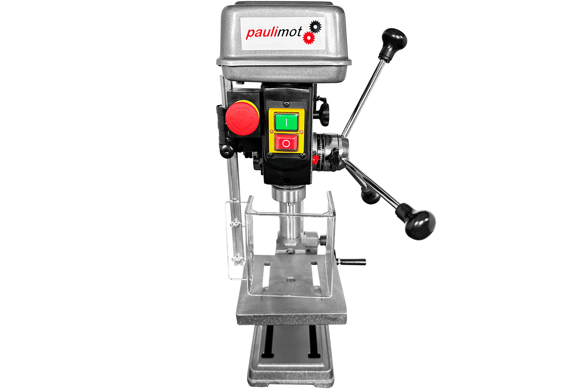 Frontansicht der Radialbohrmaschine RBM6016, silberfarben mit Bedienelementen, Bohrkopf mit Motor und Arbeitstisch.