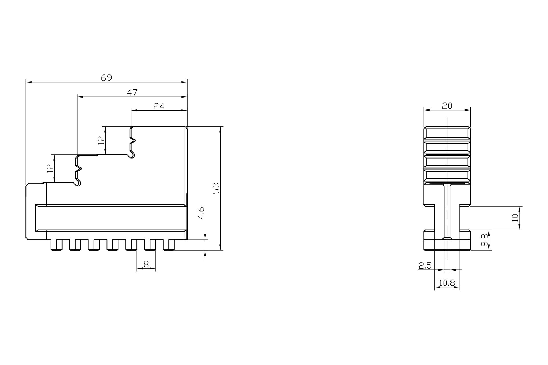 Disegno tecnico delle ganasce esterne di un mandrino a quattro griffe con dimensioni.