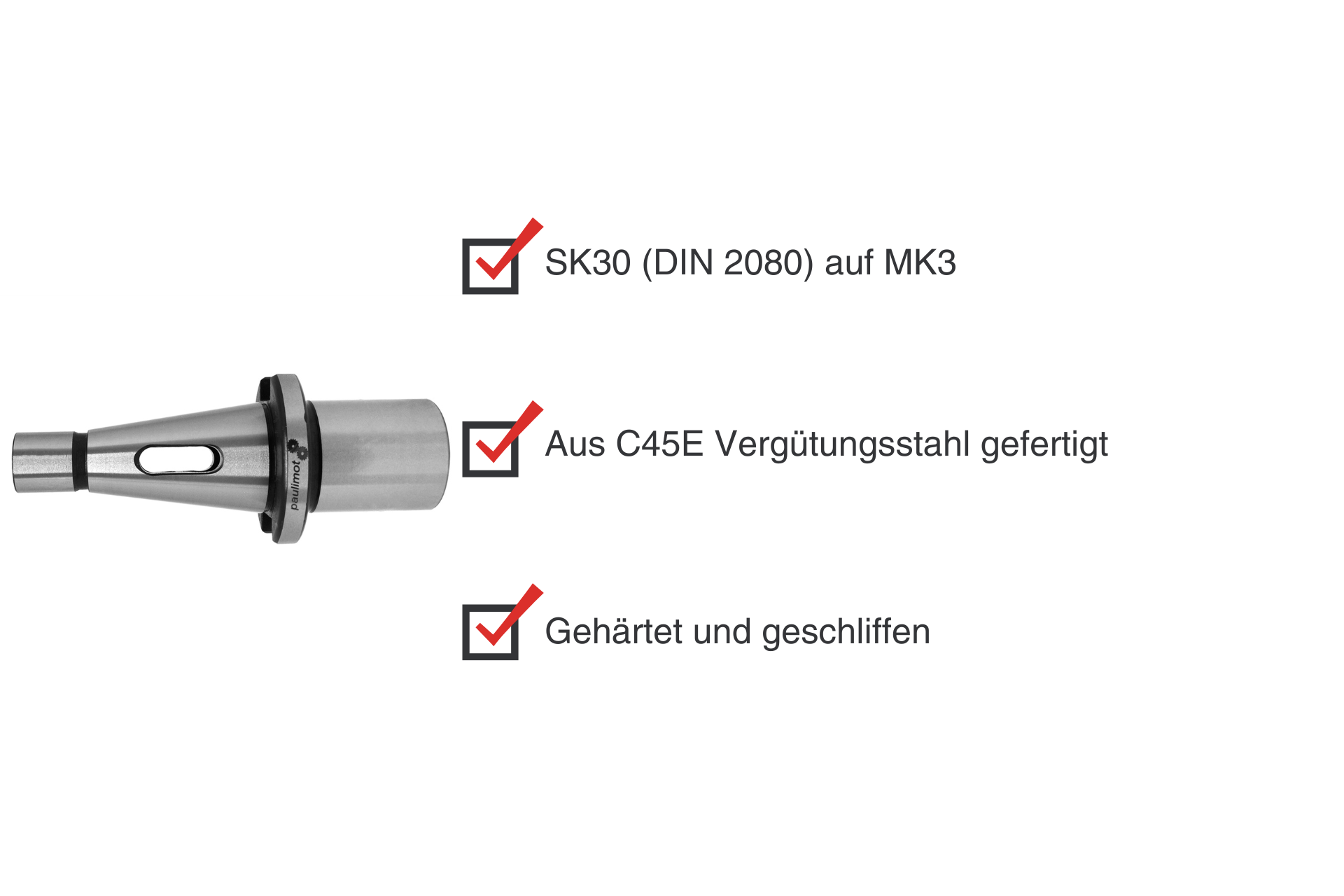 Adapter sleeve SK30 to MK3 made of steel with checkboxes for material and production.