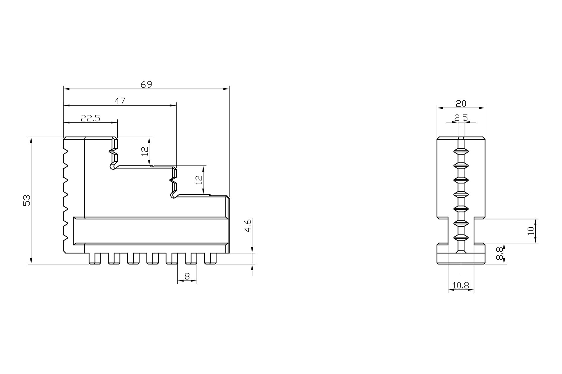 Disegno tecnico: Ganasce interne per mandrini a quattro griffe con dimensioni in vista laterale e frontale.