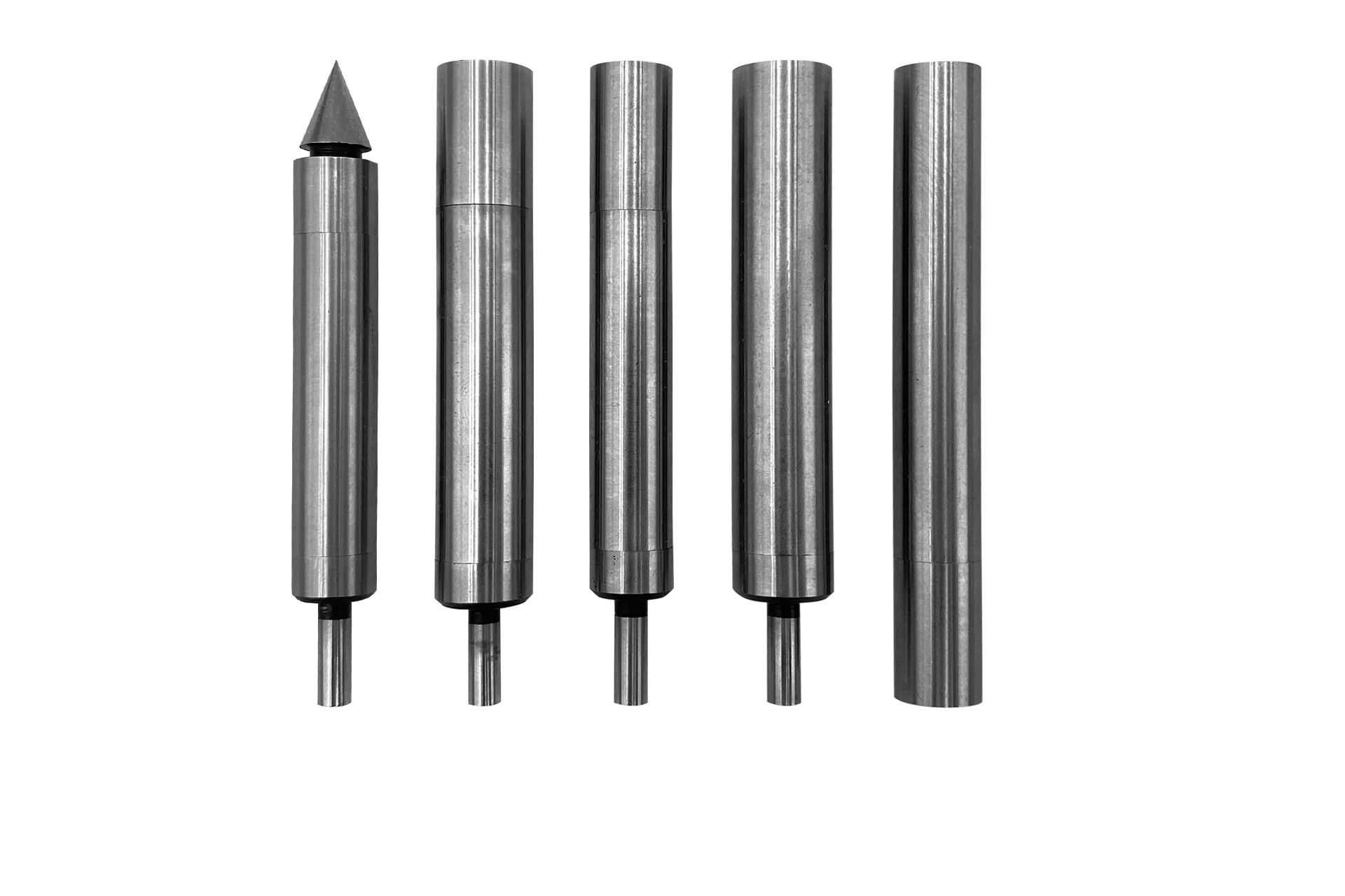 Fünf silberne, zylindrische Kantentaster in verschiedenen Ausführungen, einer mit Spitze. Werkzeug-Set für präzise Messungen.