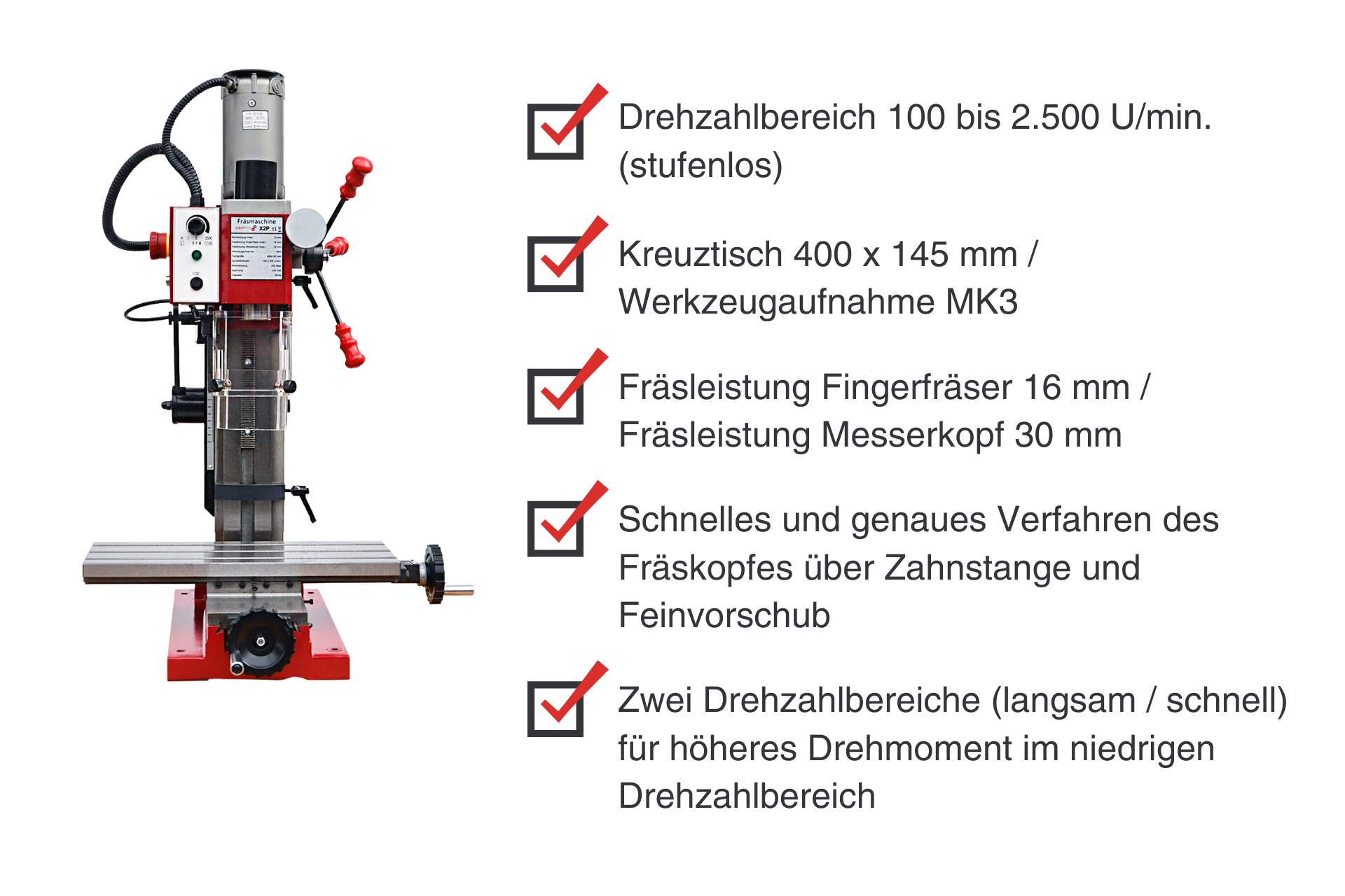 Nahansicht der SIEG X2P Bohr-/Fräsmaschine, mit Details zum Drehzahlbereich, Kreuztisch, Fräsleistung und Fräskopf-Verfahren. Zwei Drehzahlbereiche sind hervorgehoben.
