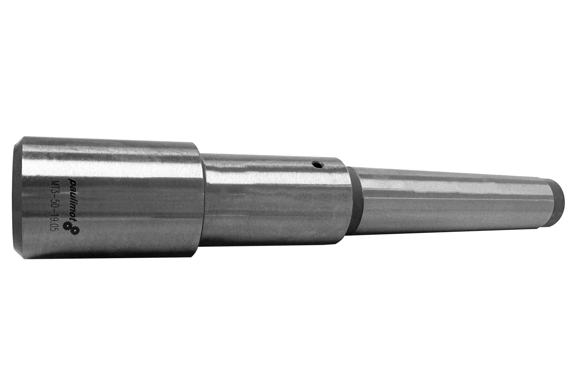 Adattatore metallico per carotatrici con gambo Weldon MK3, orizzontale. Gambo cilindrico con foro ed estremità conica.