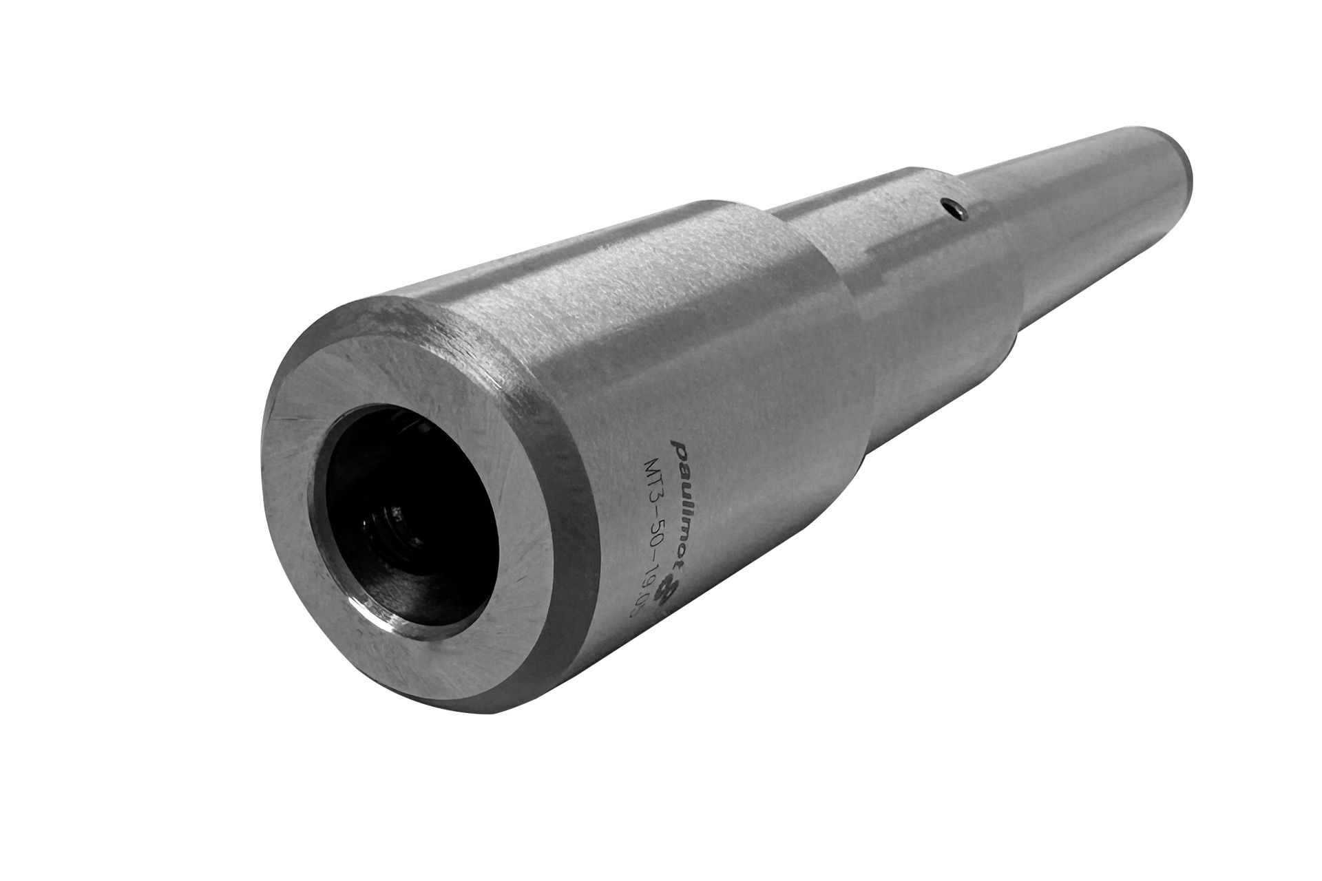 Adattatore metallico per carotatrici con gambo Weldon, MK3, visto di lato, con foro ed etichetta "paulimot MT3".