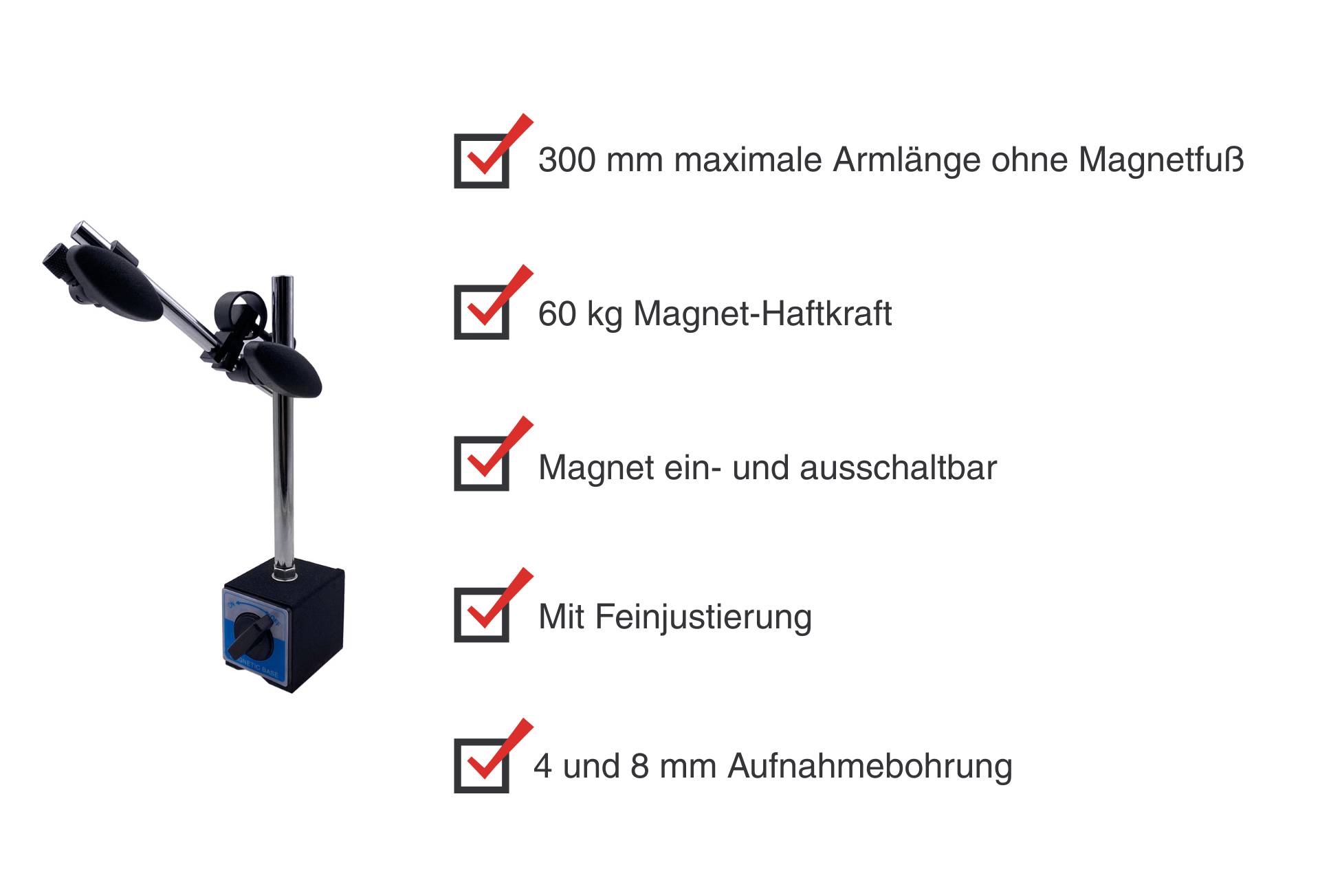 Measuring stand with magnetic base: articulated arm with fine adjustment on magnetic base, cylindrical mounts. Arrows point to performance features.
