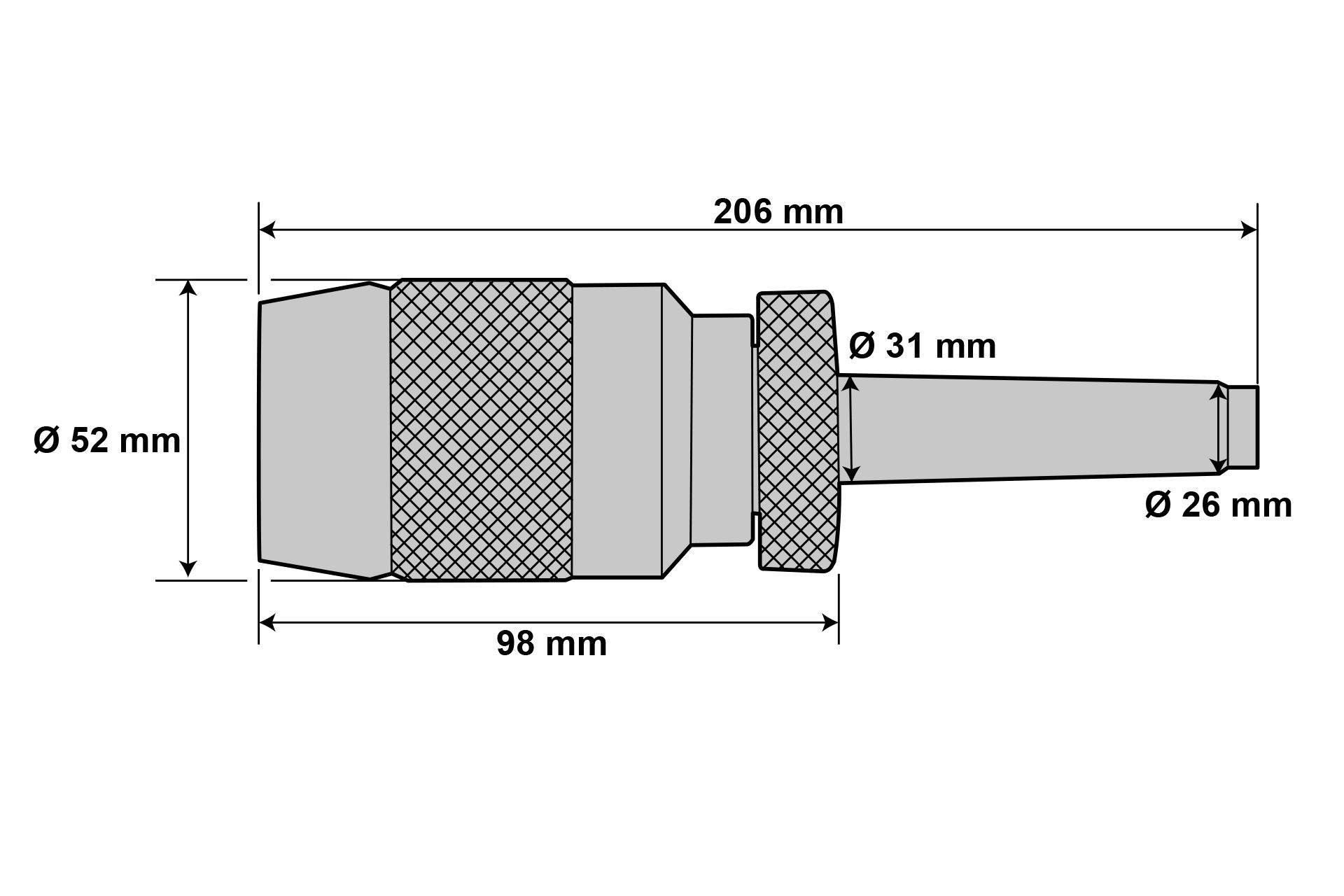 Disegno tecnico del mandrino di precisione per trapano ad azione rapida con dimensioni: Diametro 52, 31 e 26 mm, lunghezza 206 mm. Mandrino con attacco MK4/M16.