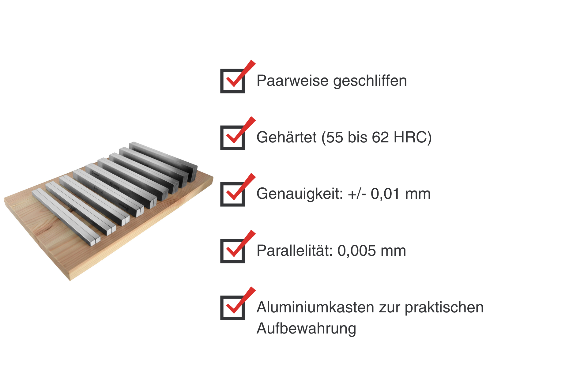 Acht Parallelunterlagen auf Holz. Rechts daneben Stichpunkte mit Haken zu Produkteigenschaften.