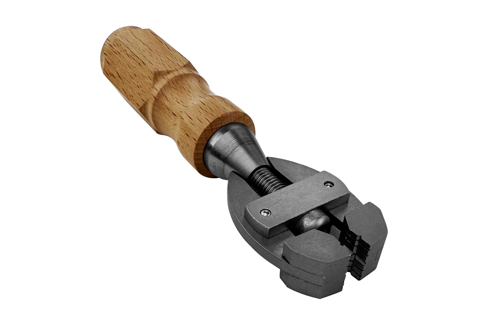 Primo piano di una morsa manuale di precisione. Ha un'impugnatura in legno e una testa in acciaio con ganasce per trattenere gli oggetti.