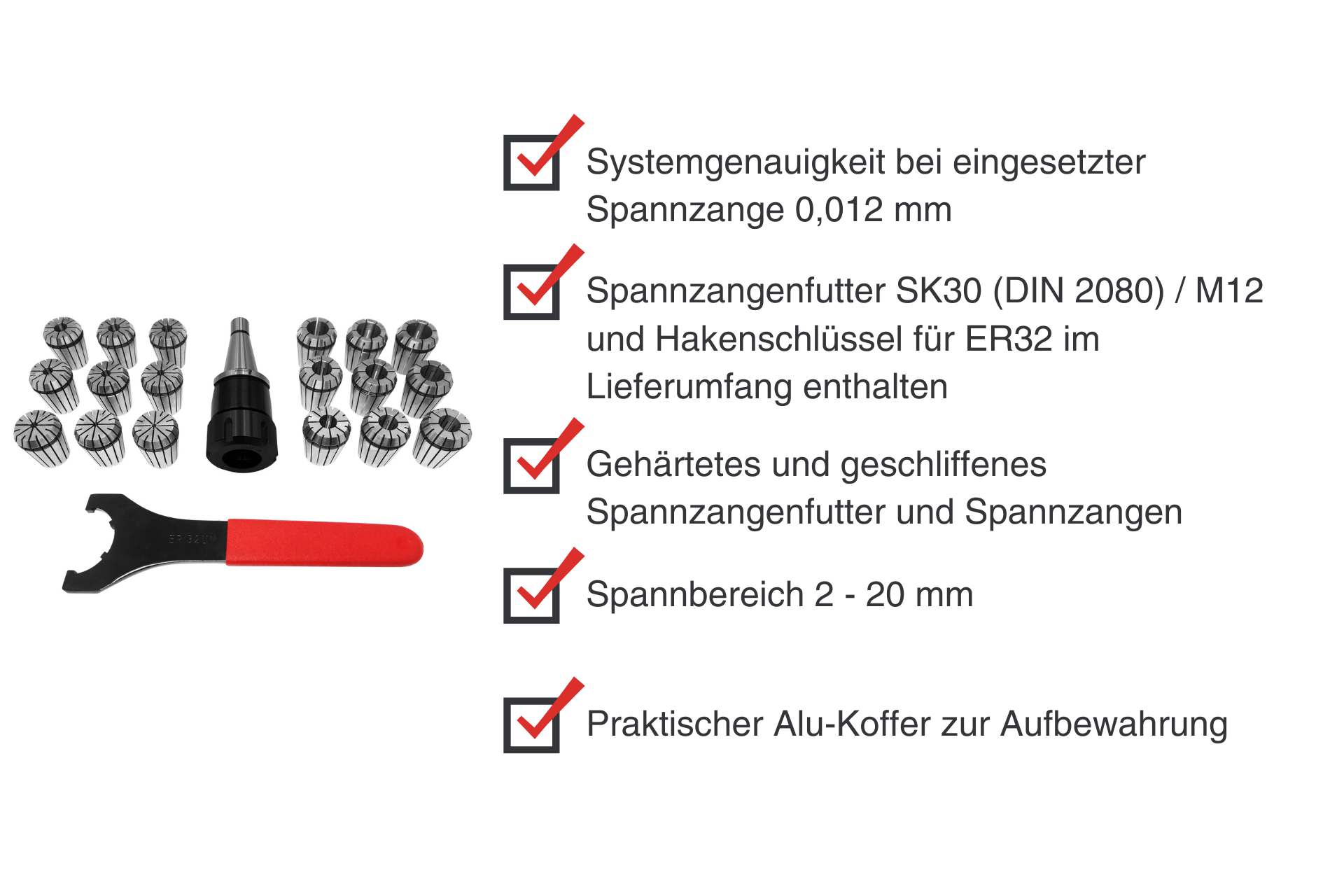 ER32 collet set: 18 collets, SK30 collet chuck, hook spanner and spanner. Labelling with product properties.