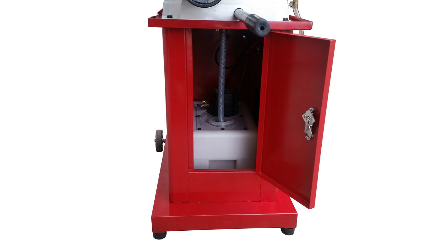 Detailaufnahme: Rotes Untergestell der Metallbandsäge BS-128HDR mit geöffneter Tür, Kühlmitteleinrichtung sichtbar. Auf Rädern für einfaches Manövrieren.