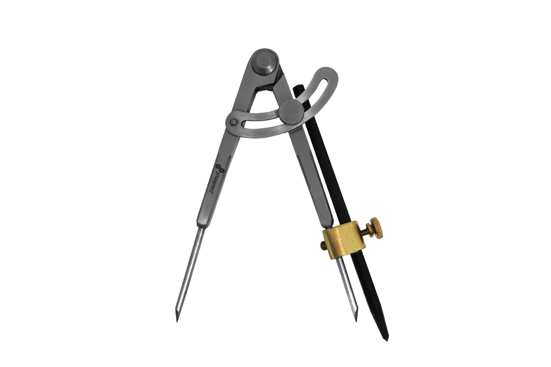 Metal marking compass, open, with pencil and marking needle. The compass has two arms, connected by a joint and an arc.
