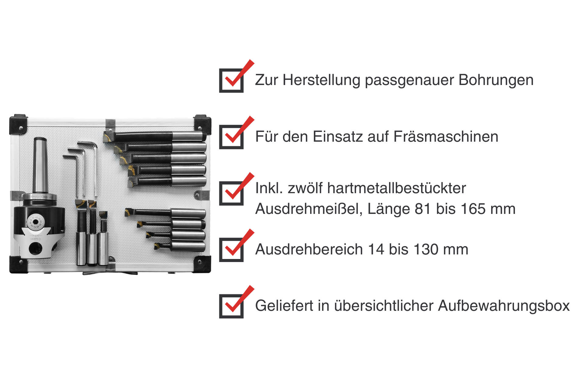 Set: 75mm Ausdrehkopf mit Werkzeug und Ausdrehmeißeln in Aufbewahrungsbox, mit Aufnahmeschaft MK3 und M12 Gewinde.