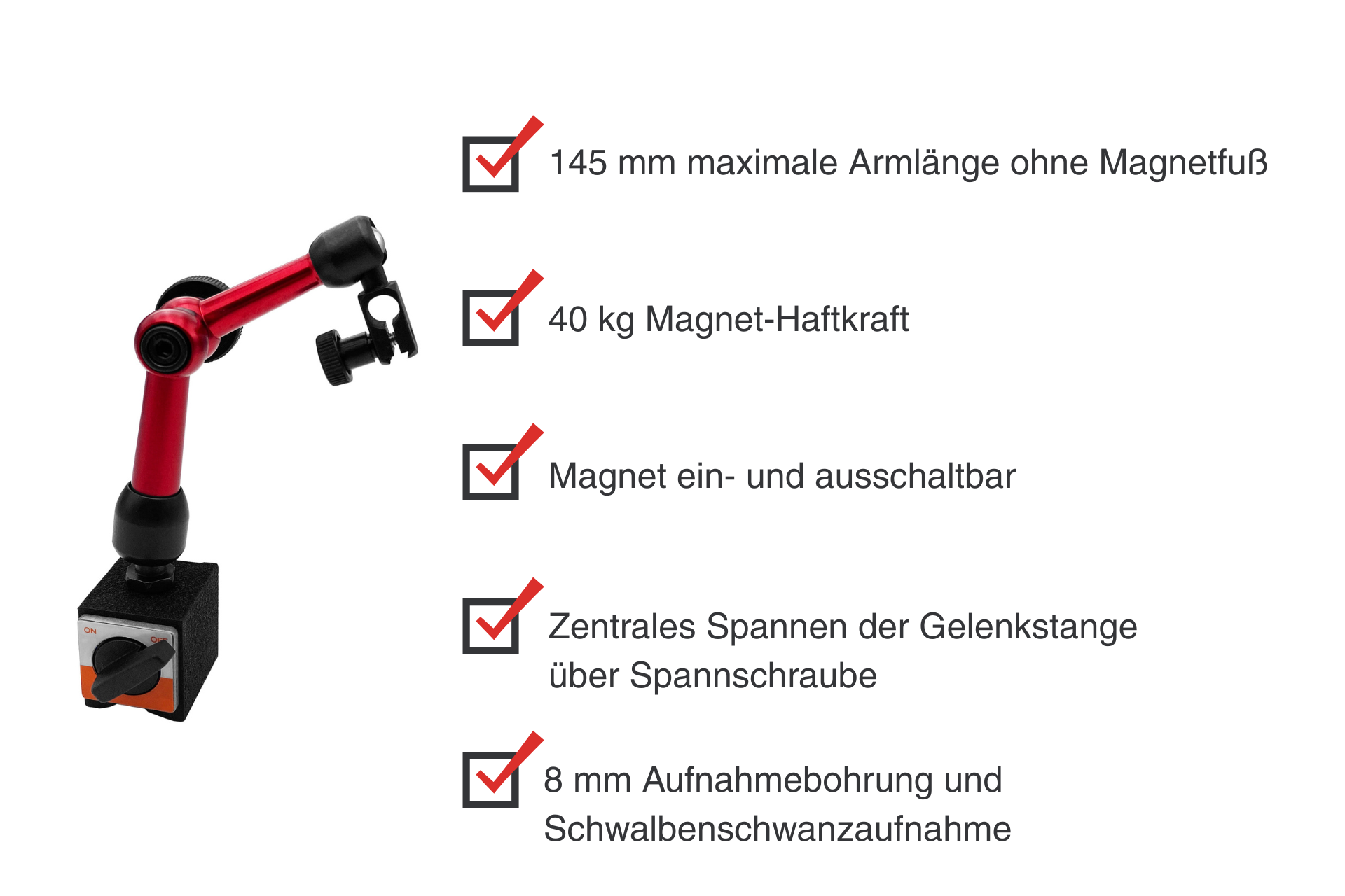 Product image of the measuring stand with magnetic base. Details on arm length, holding force, magnetic function and central clamping are highlighted with text and tick marks.