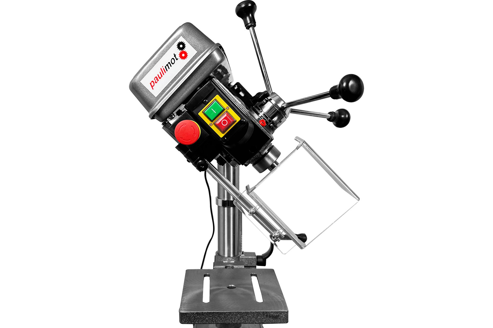 Detailaufnahme einer Radialbohrmaschine RBM6016. Bedienelemente, Bohrkopf, Sicherheitseinrichtung und Arbeitstisch sind erkennbar.