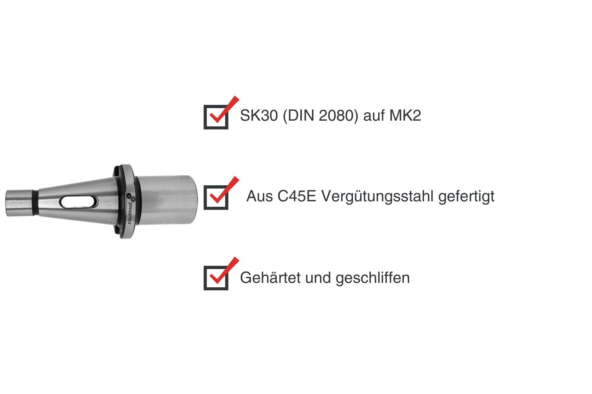 Silver adapter sleeve SK30 to MK2. The metal is hardened and polished. There are three red tick marks in the background.