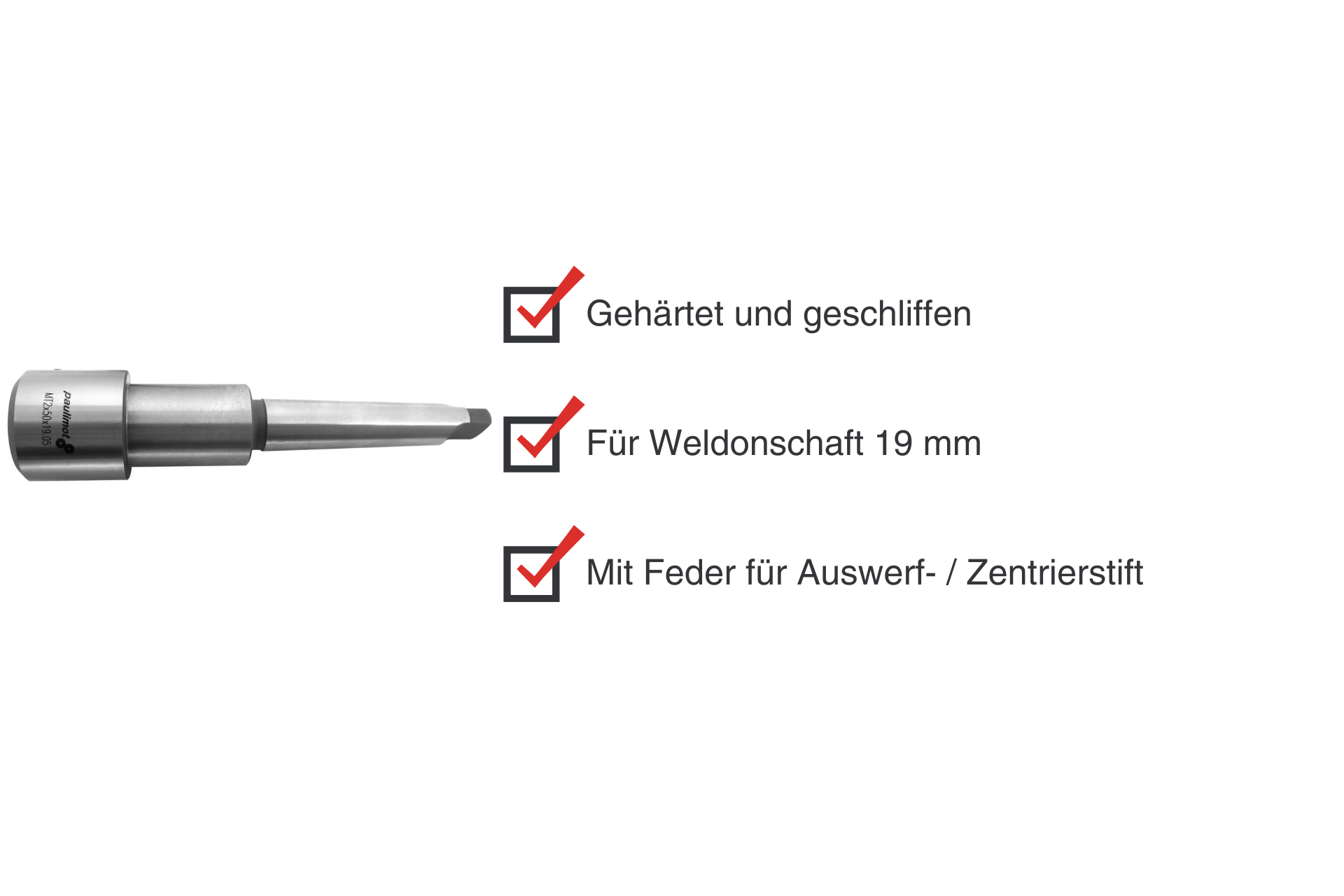 Aufnahme für Kernbohrer: MK2-Adapter mit Weldonschaft. Gezeigt werden Eigenschaften wie Härte, Schliff, 19mm Weldonschaft und Feder für Auswurf-/Zentrierstift.