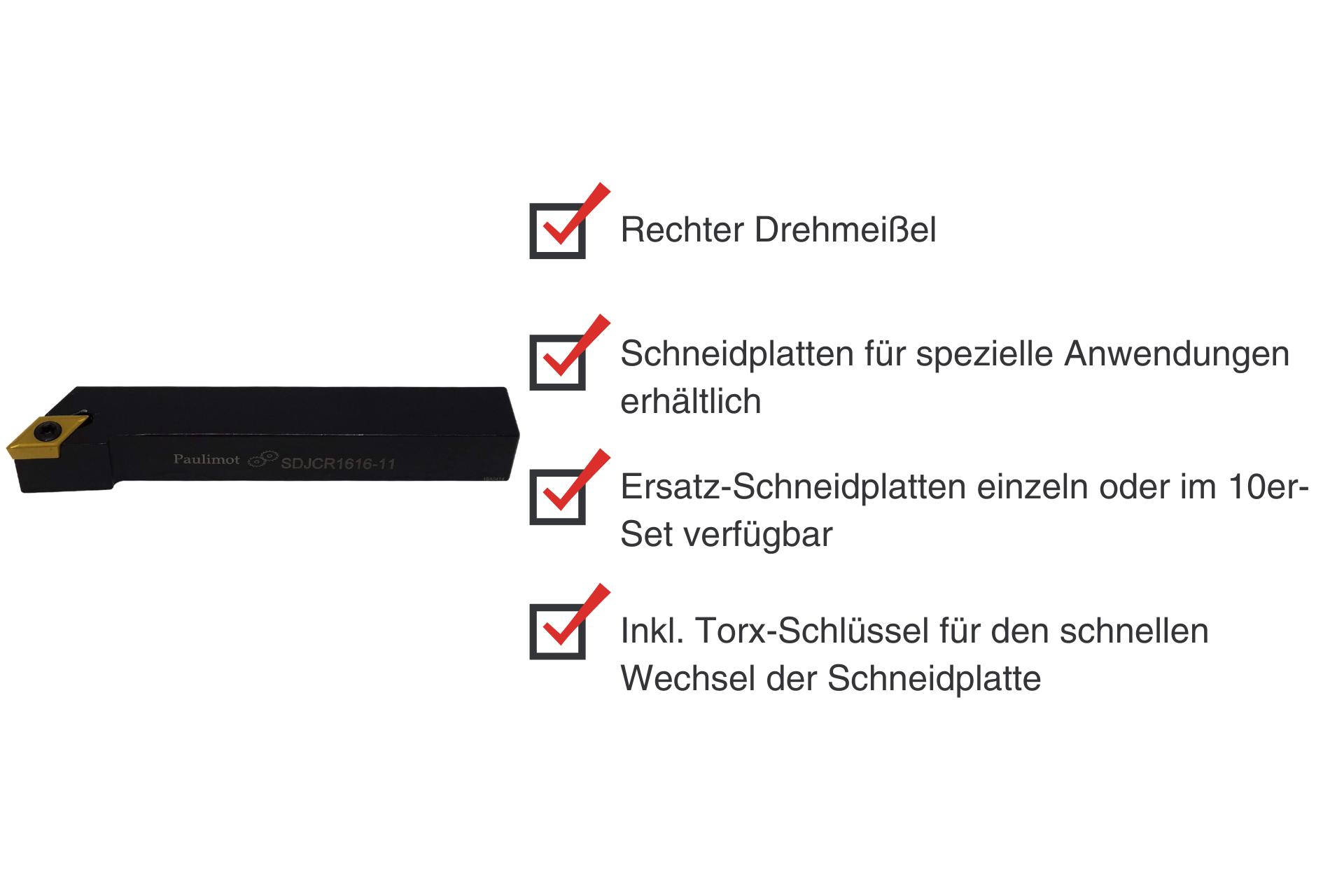 Schwarzer Drehmeißel SDJCR1616-11 mit goldfarbener Schneidplatte. Angebotsbeschreibung mit Häkchen zu Schneidplatten und Torx Schlüssel.