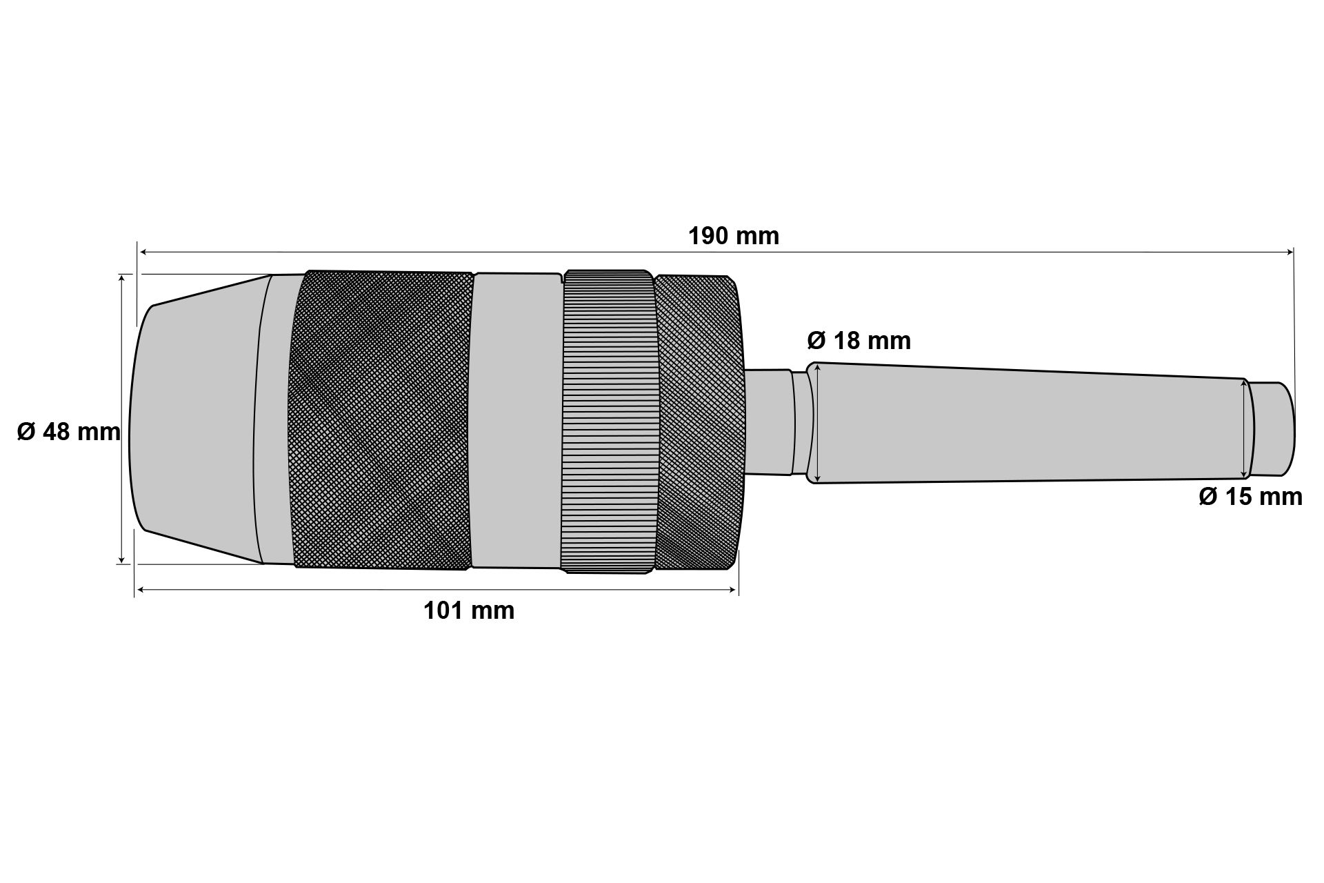 Technical drawing: Quick-action drill chuck with dimensions, including tapered arbour. Total length 190 mm, drill chuck diameter 48 mm, tapered arbour 15 mm.